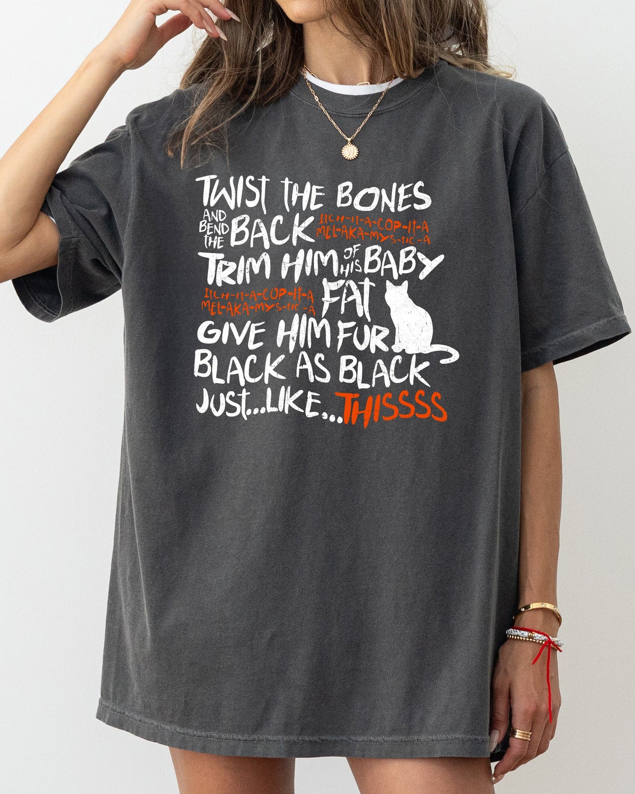Twist The Bones Cat Skeleton Spooky Ghost Witch Halloween Graphic Comfort Colors Tee