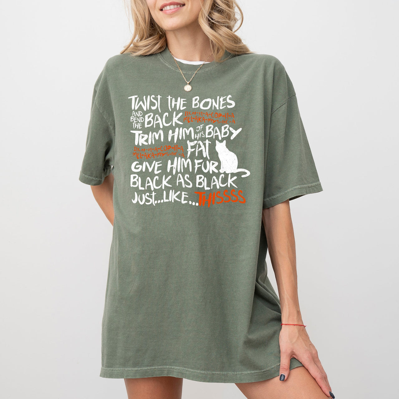 Twist The Bones Cat Skeleton Spooky Ghost Witch Halloween Graphic Comfort Colors Tee