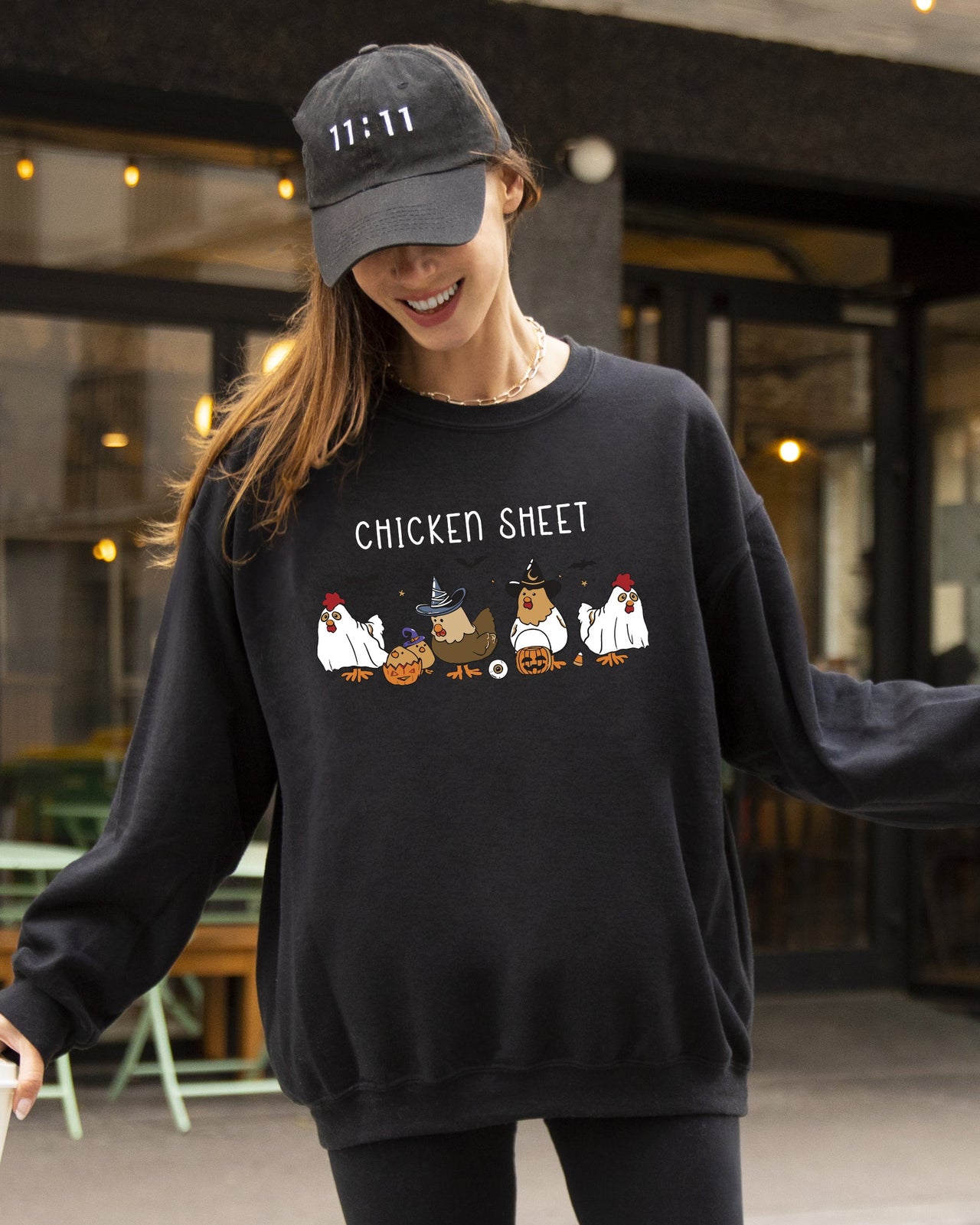 Chicken Sheet Ghost Skeleton Pumpkin Witch Halloween Meme Design Graphic Sweatshirt