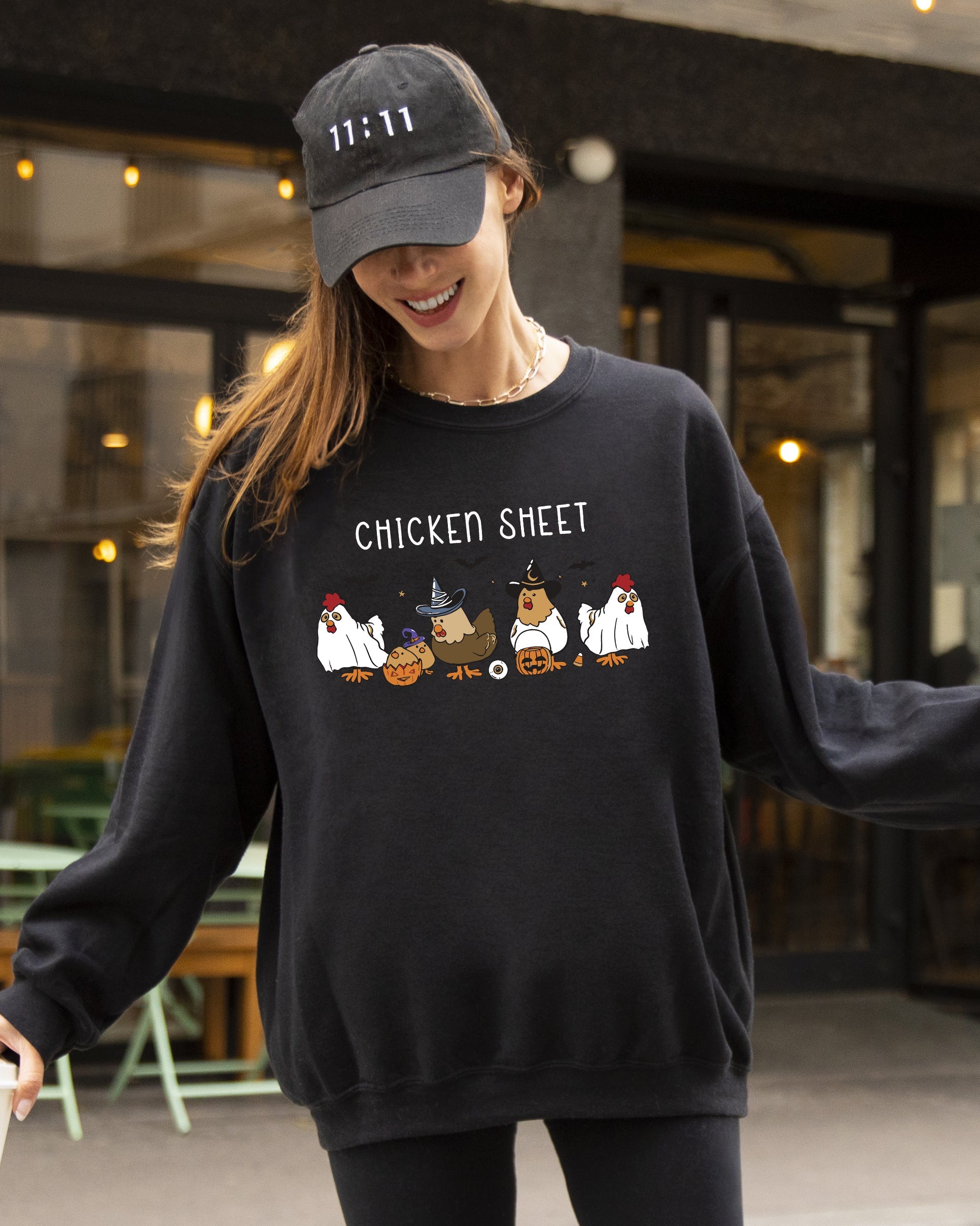 Chicken Sheet Ghost Skeleton Pumpkin Witch Halloween Meme Design Graphic Sweatshirt