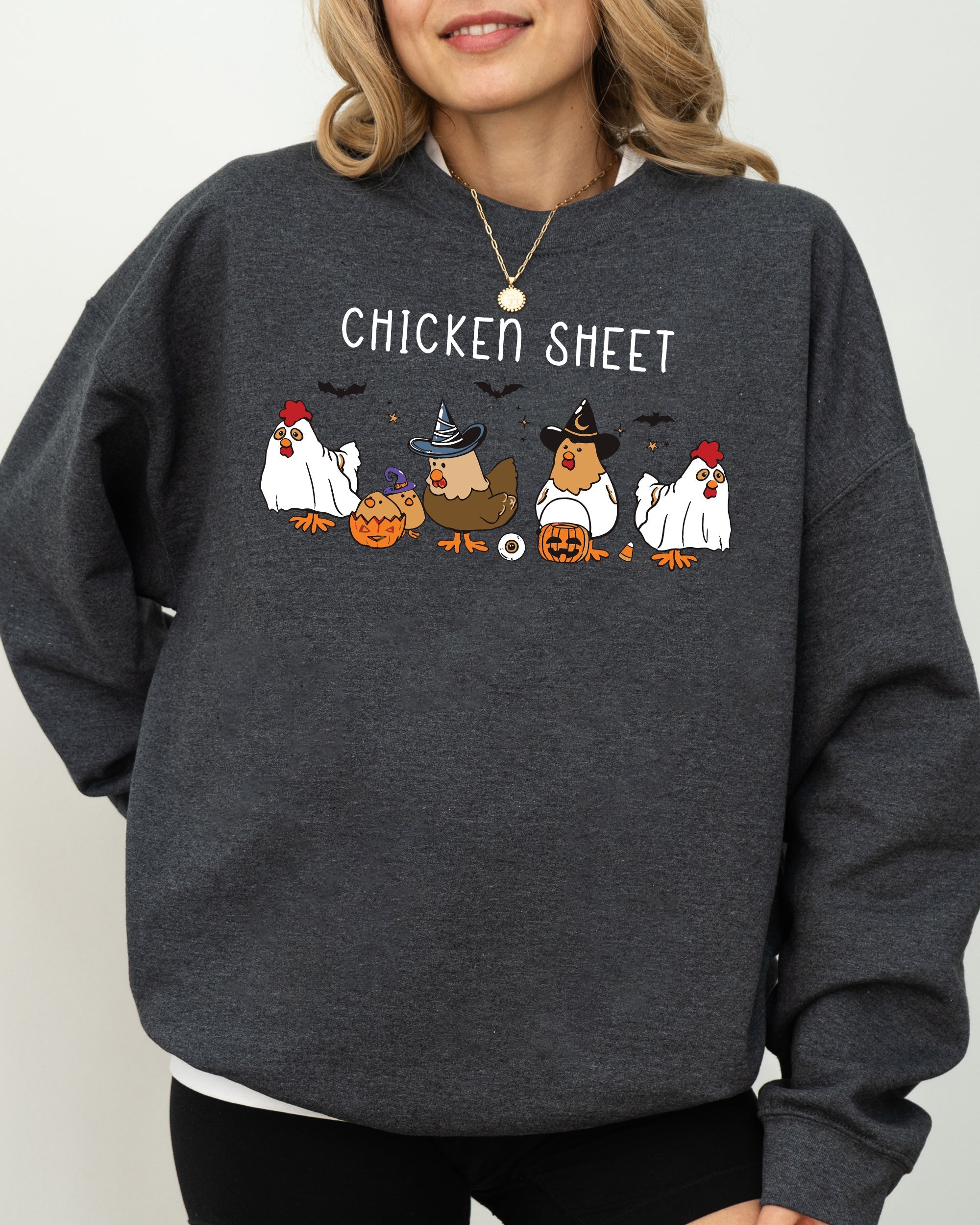 Chicken Sheet Ghost Skeleton Pumpkin Witch Halloween Meme Design Graphic Sweatshirt