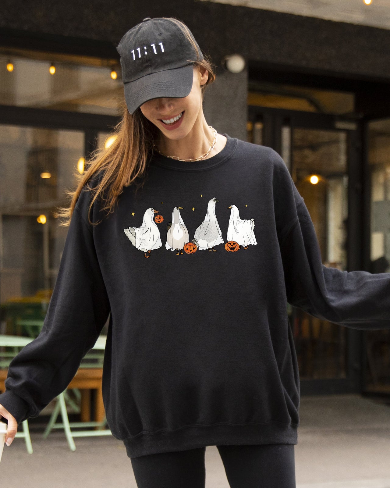 Ghost Geese Farm Skeleton Halloween Spooky Pumpkin Witch Meme Haunting Sweatshirt