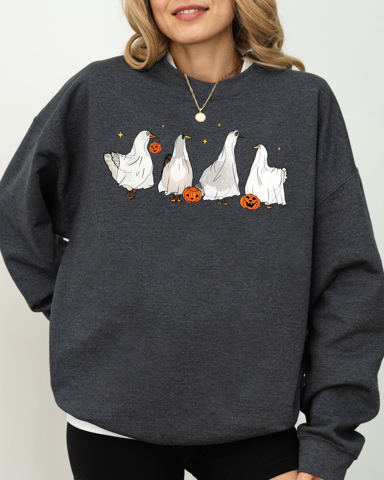 Ghost Geese Farm Skeleton Halloween Spooky Pumpkin Witch Meme Haunting Sweatshirt