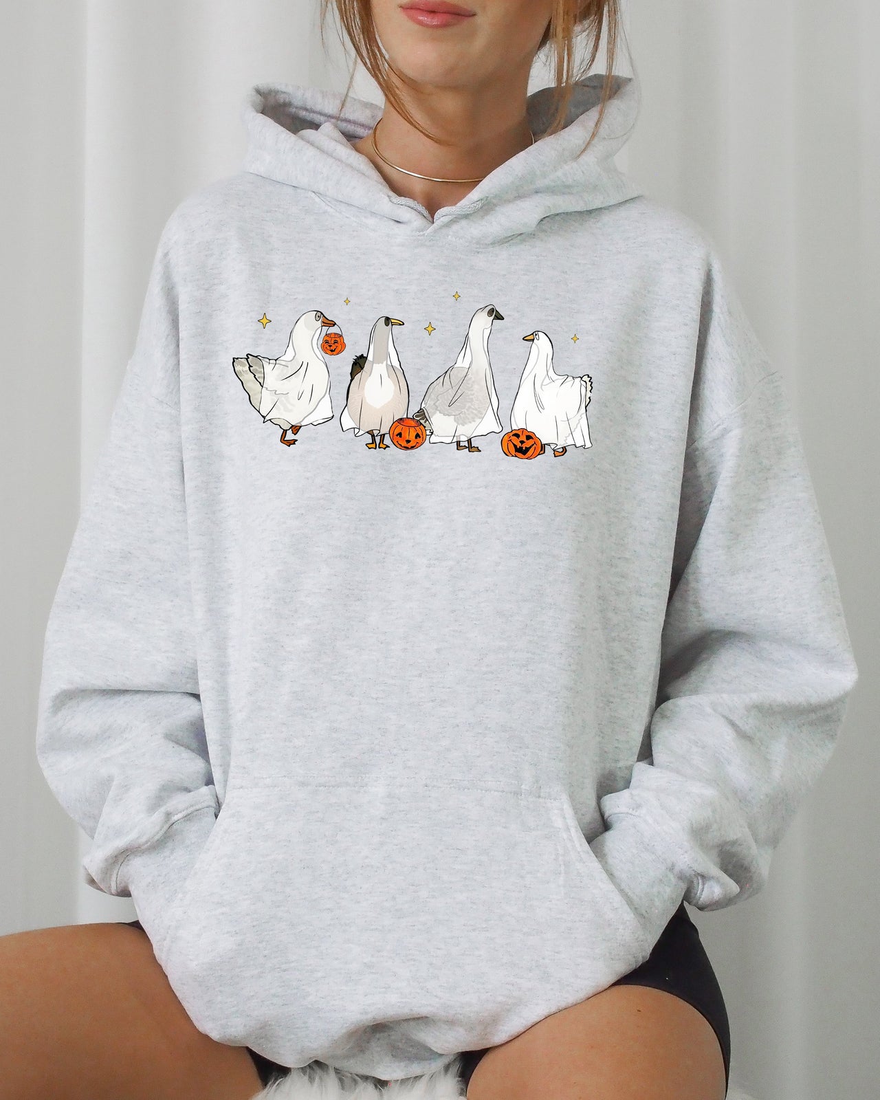 Ghost Geese Farm Skeleton Witch Pumpkin Halloween Costume Spooky Hooded Sweatshirt