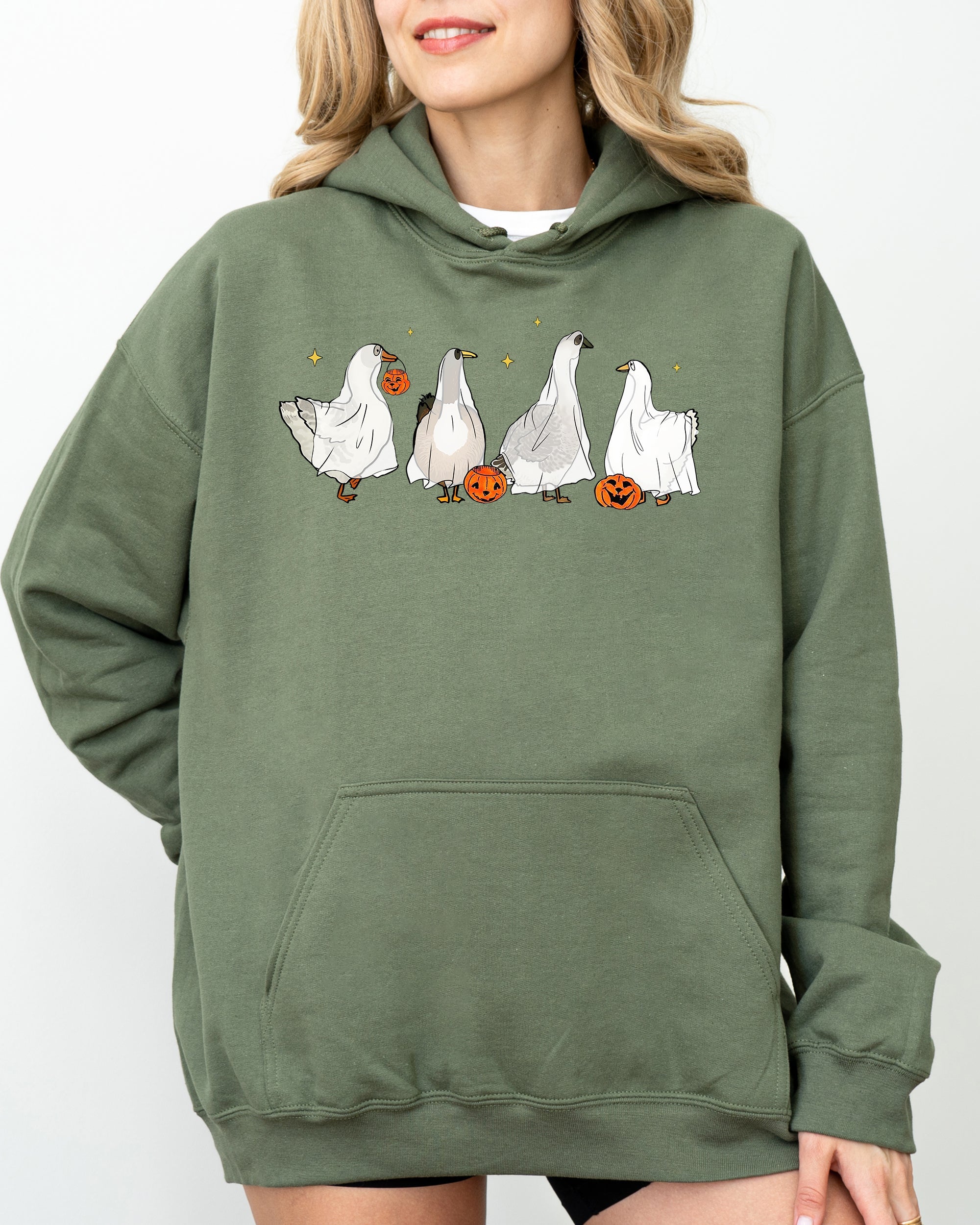 Ghost Geese Farm Skeleton Witch Pumpkin Halloween Costume Spooky Hooded Sweatshirt
