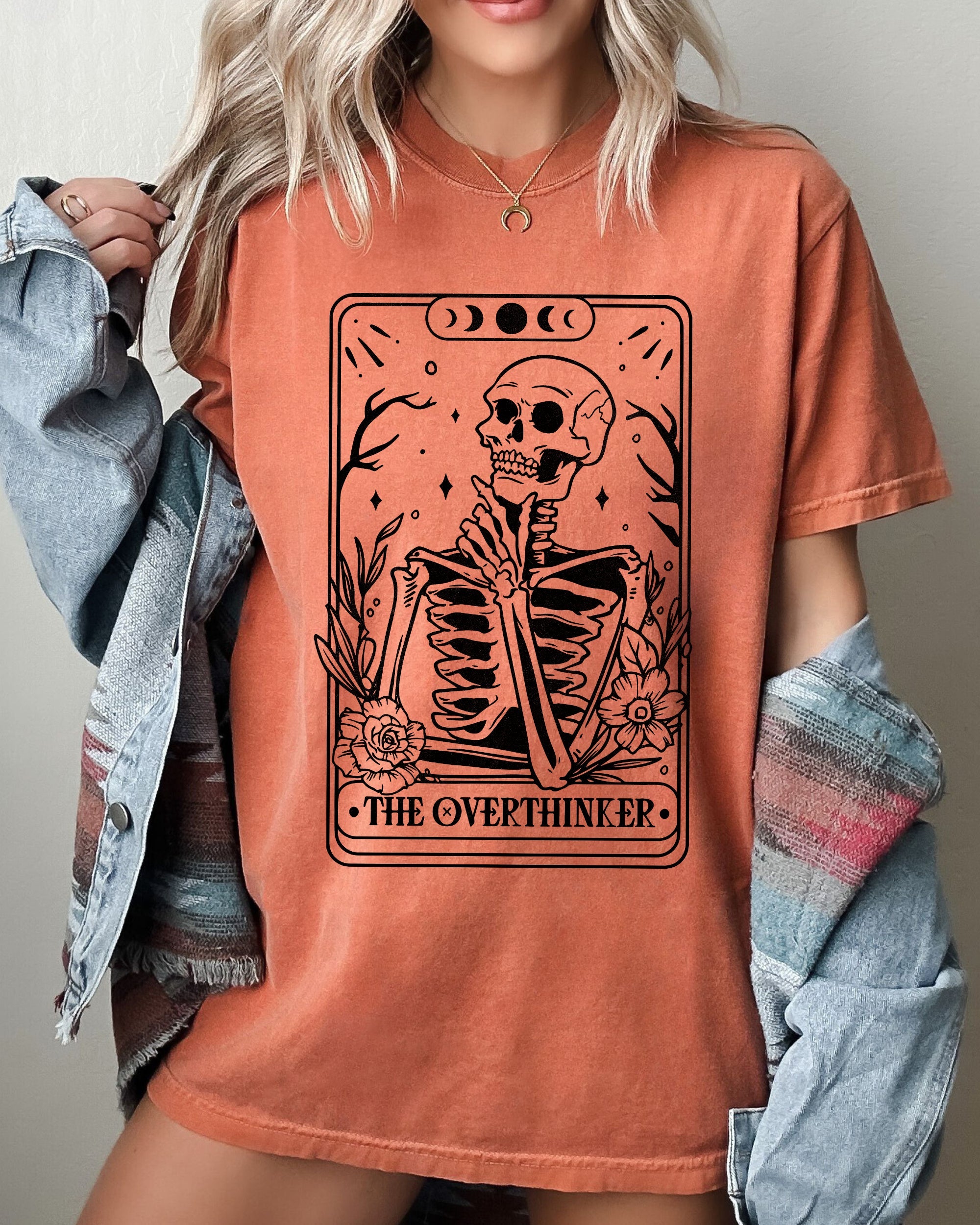 The Overthinker Tarot Skeleton Funny Pumpkin Spooky Witch Aesthetic Meme Halloween Costume Comfort Colors Tee