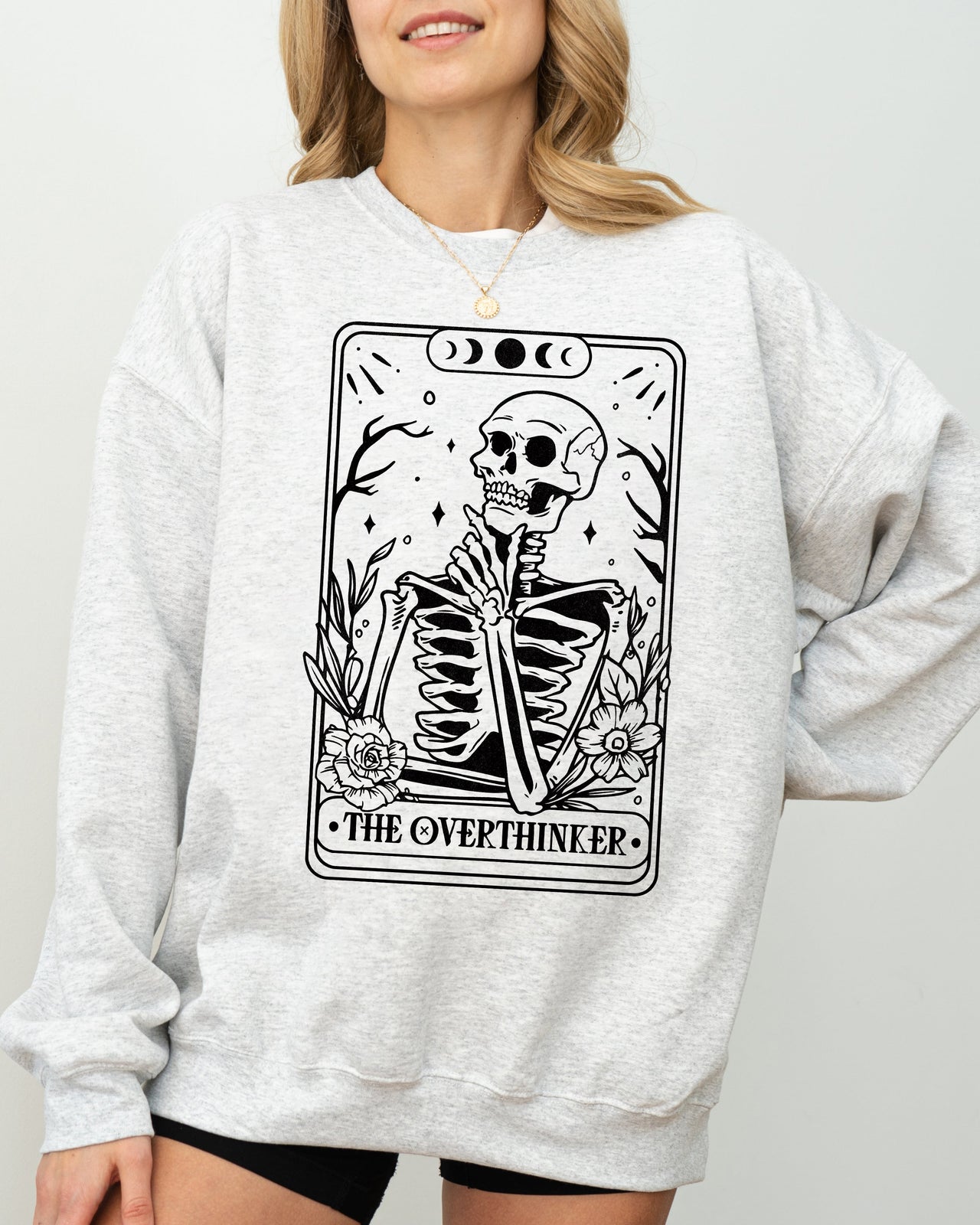The Overthinker Tarot Skeleton Pumpkin Witch Aesthetic Meme Halloween Sweatshirt