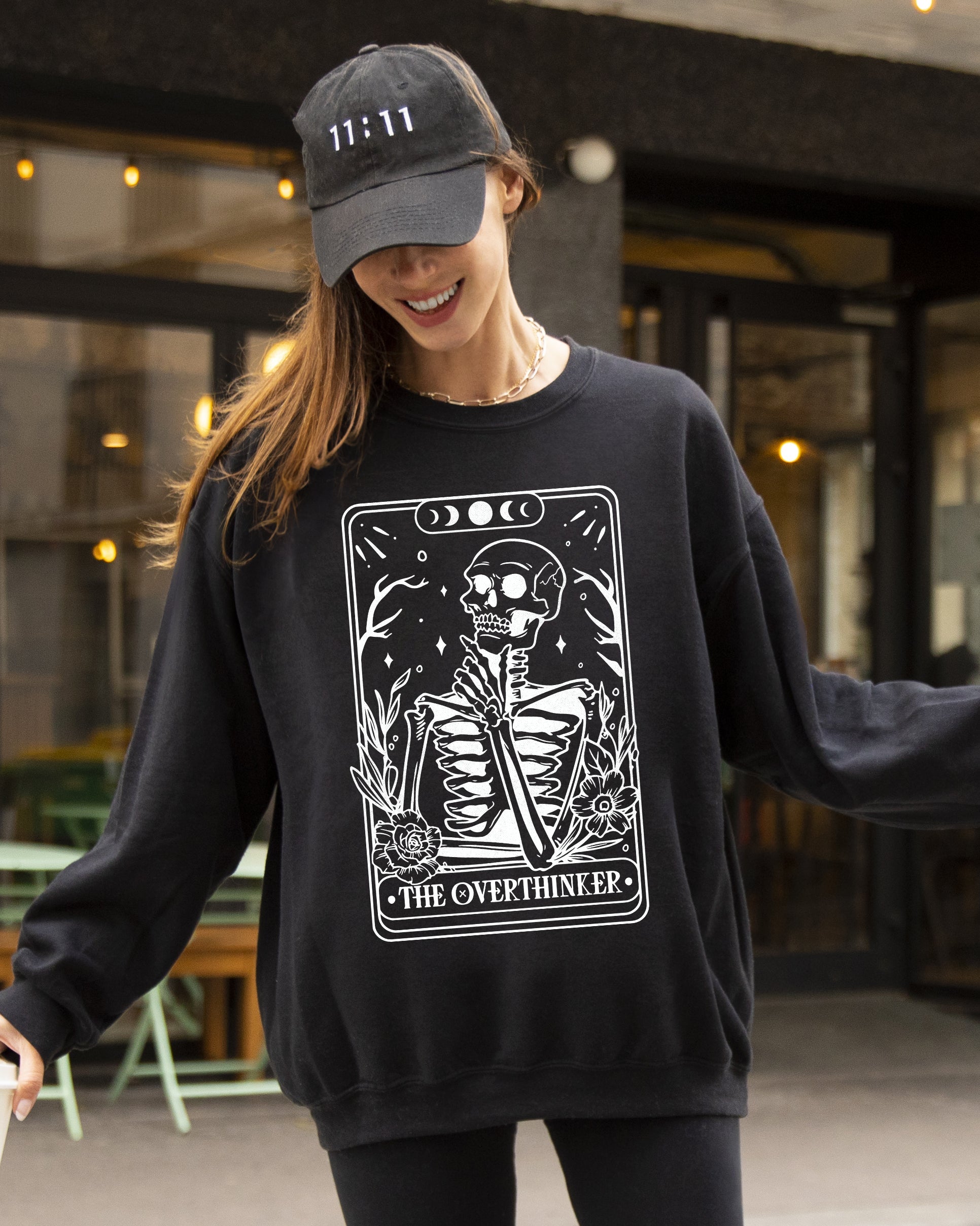 The Overthinker Tarot Skeleton Pumpkin Witch Aesthetic Meme Halloween Sweatshirt