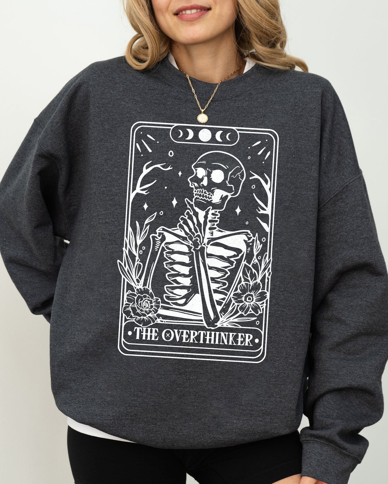The Overthinker Tarot Skeleton Pumpkin Witch Aesthetic Meme Halloween Sweatshirt