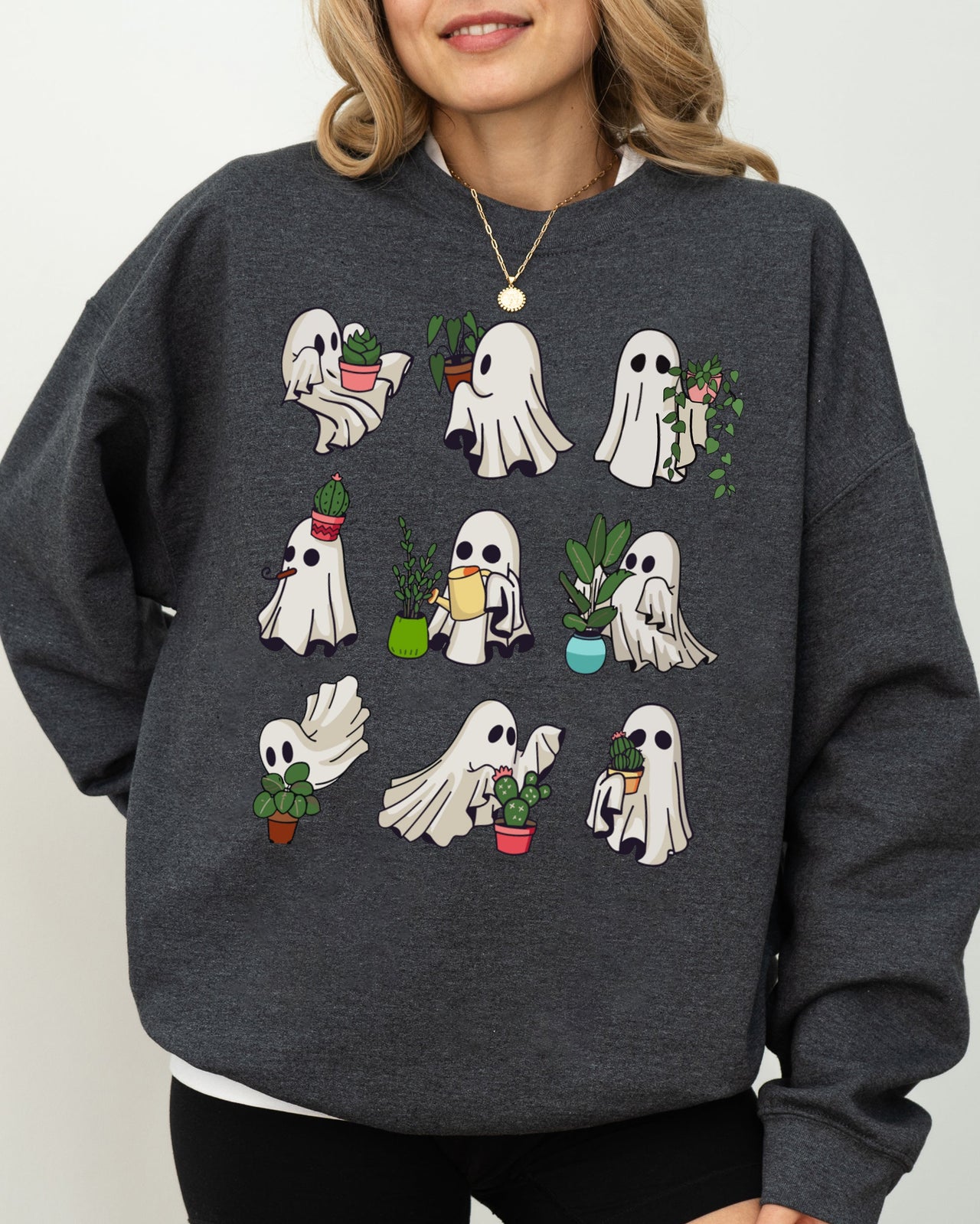 Mini Ghosts Plant Lover Skeleton Coffin Pumpkin Spooky Witch Halloween Sweatshirt