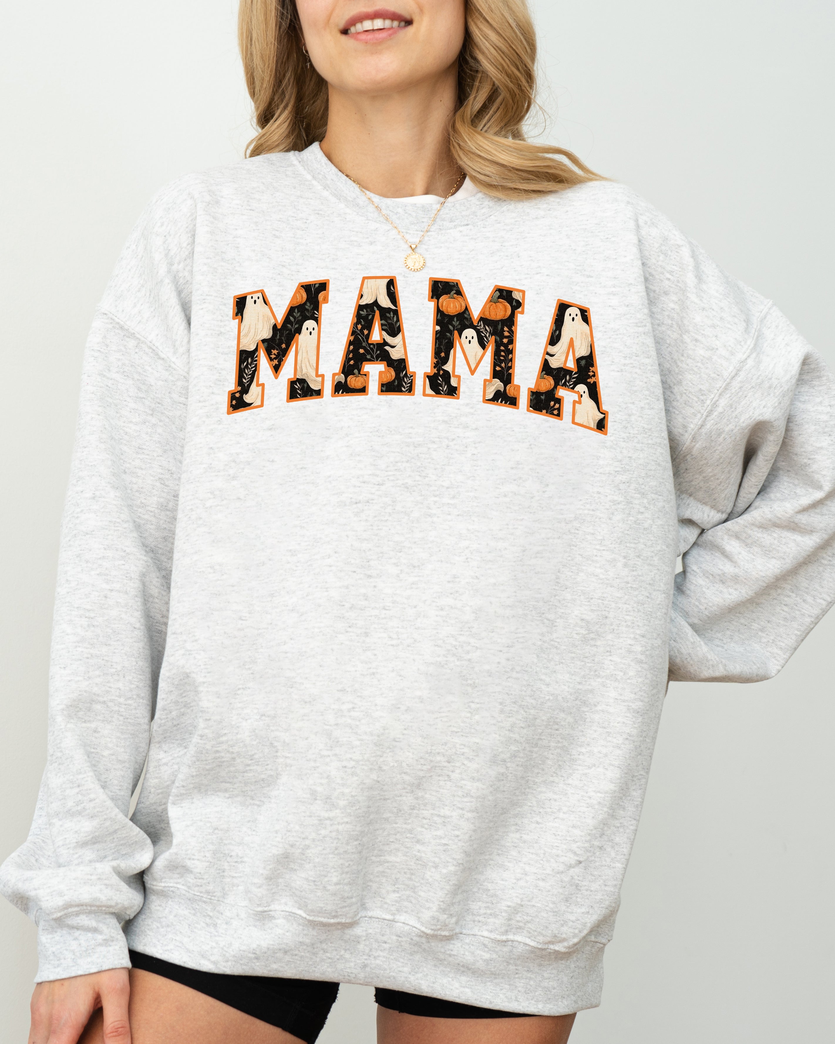 Mama Ghost Skeleton Pumpkin Witch Spooky Halloween Costume Meme Graphic Cozy Sweatshirt