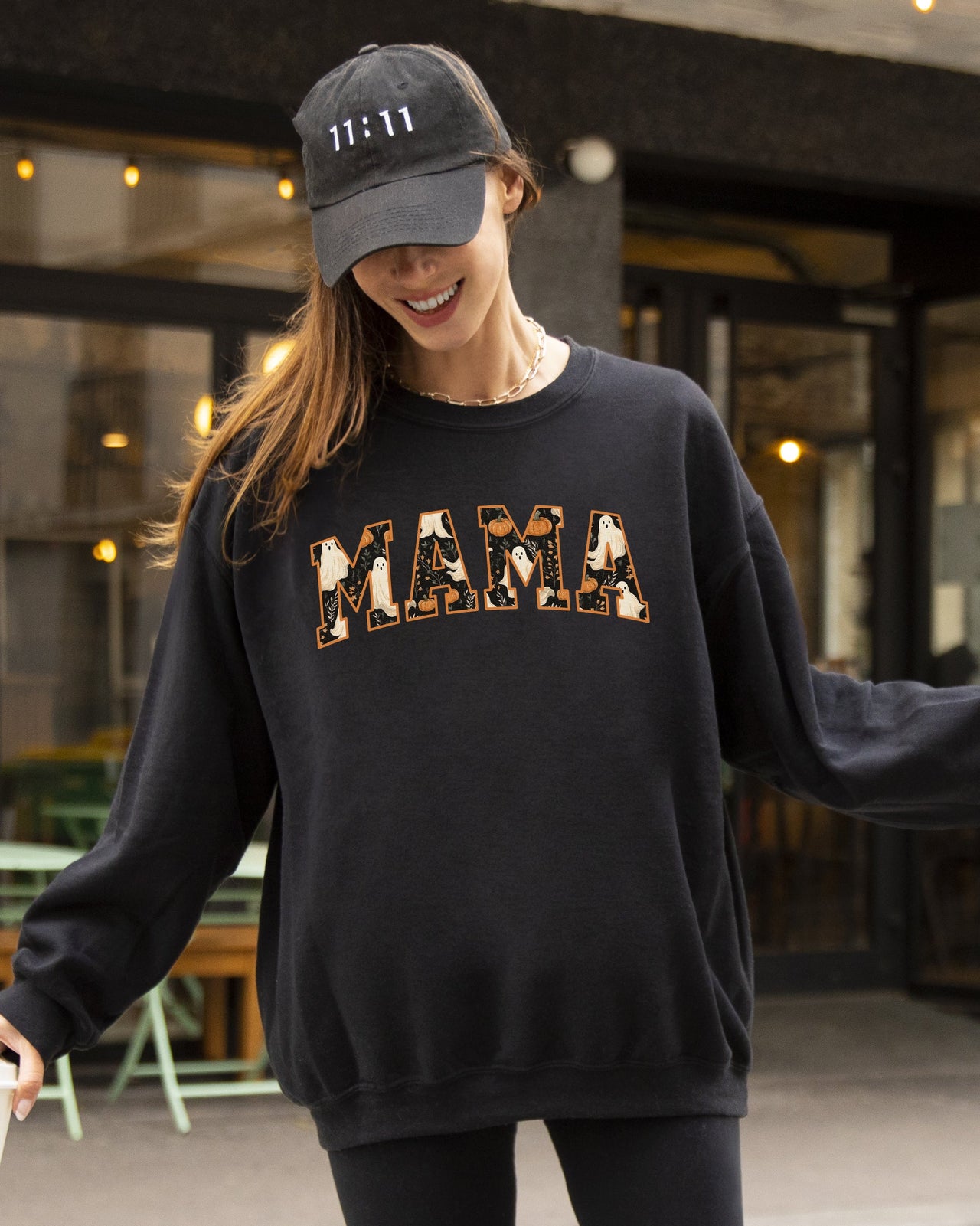 Mama Ghost Skeleton Pumpkin Witch Spooky Halloween Costume Meme Graphic Cozy Sweatshirt