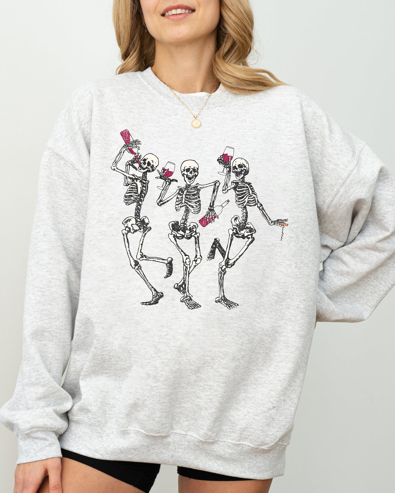 Dancing Skeletons Drinking Wine Ghost Spooky Witch Halloween Theme Comic Vibe Sweatshirt