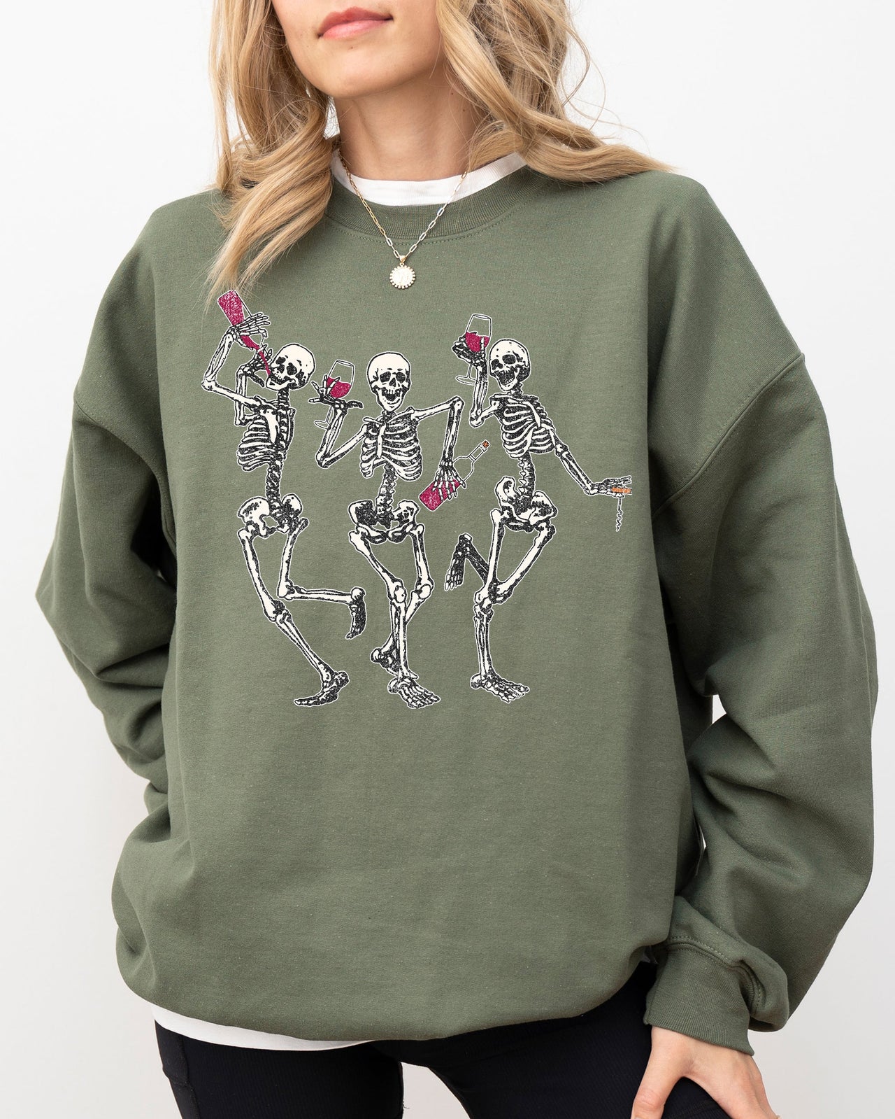Dancing Skeletons Drinking Wine Ghost Spooky Witch Halloween Theme Comic Vibe Sweatshirt