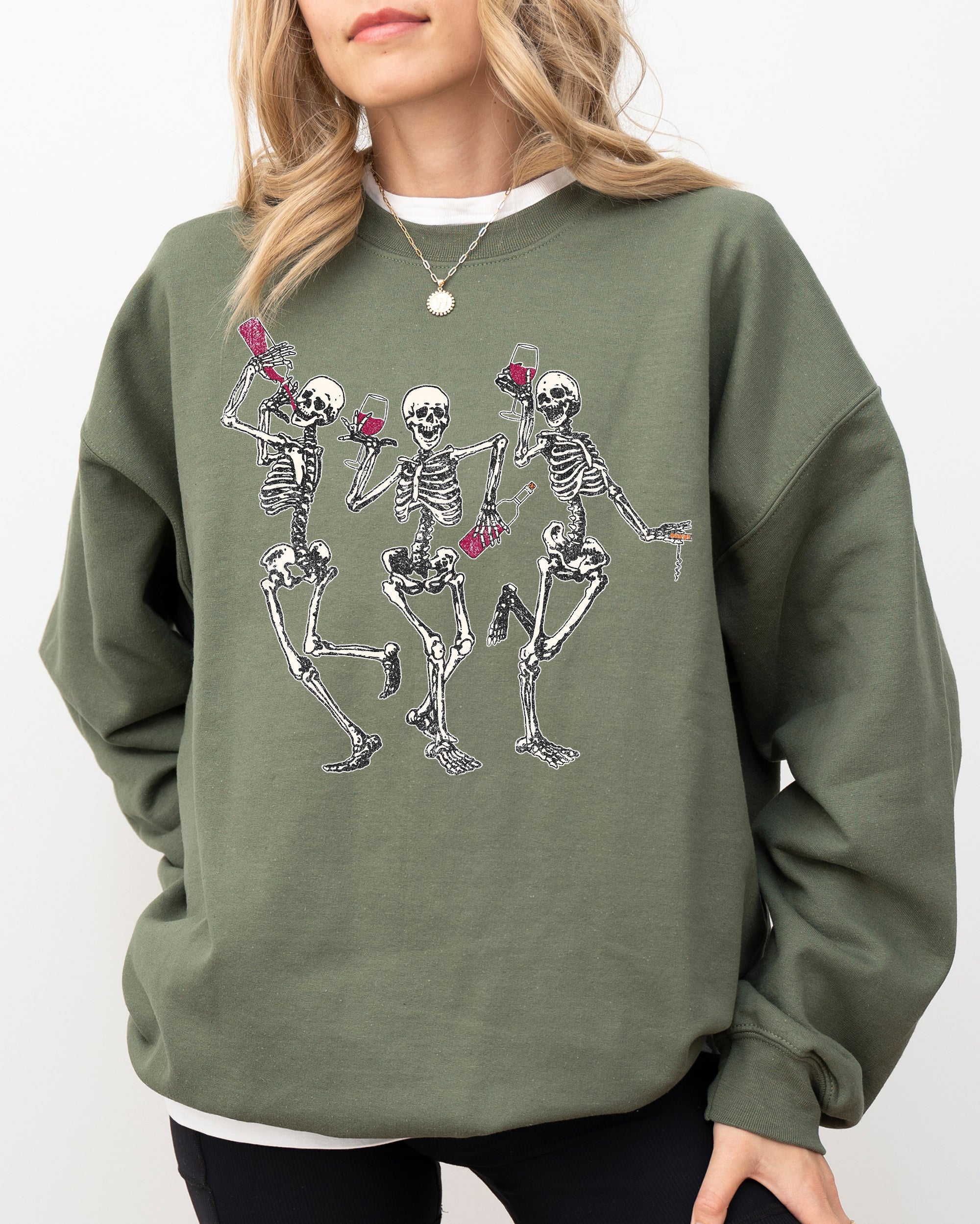 Dancing Skeletons Drinking Wine Ghost Spooky Witch Halloween Theme Comic Vibe Sweatshirt