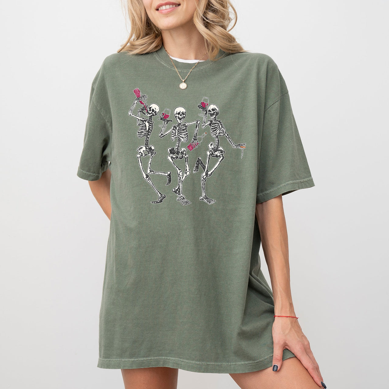 Dancing Skeletons Wine Ghost Spooky Witch Halloween Meme Costume Comfort Colors Tee