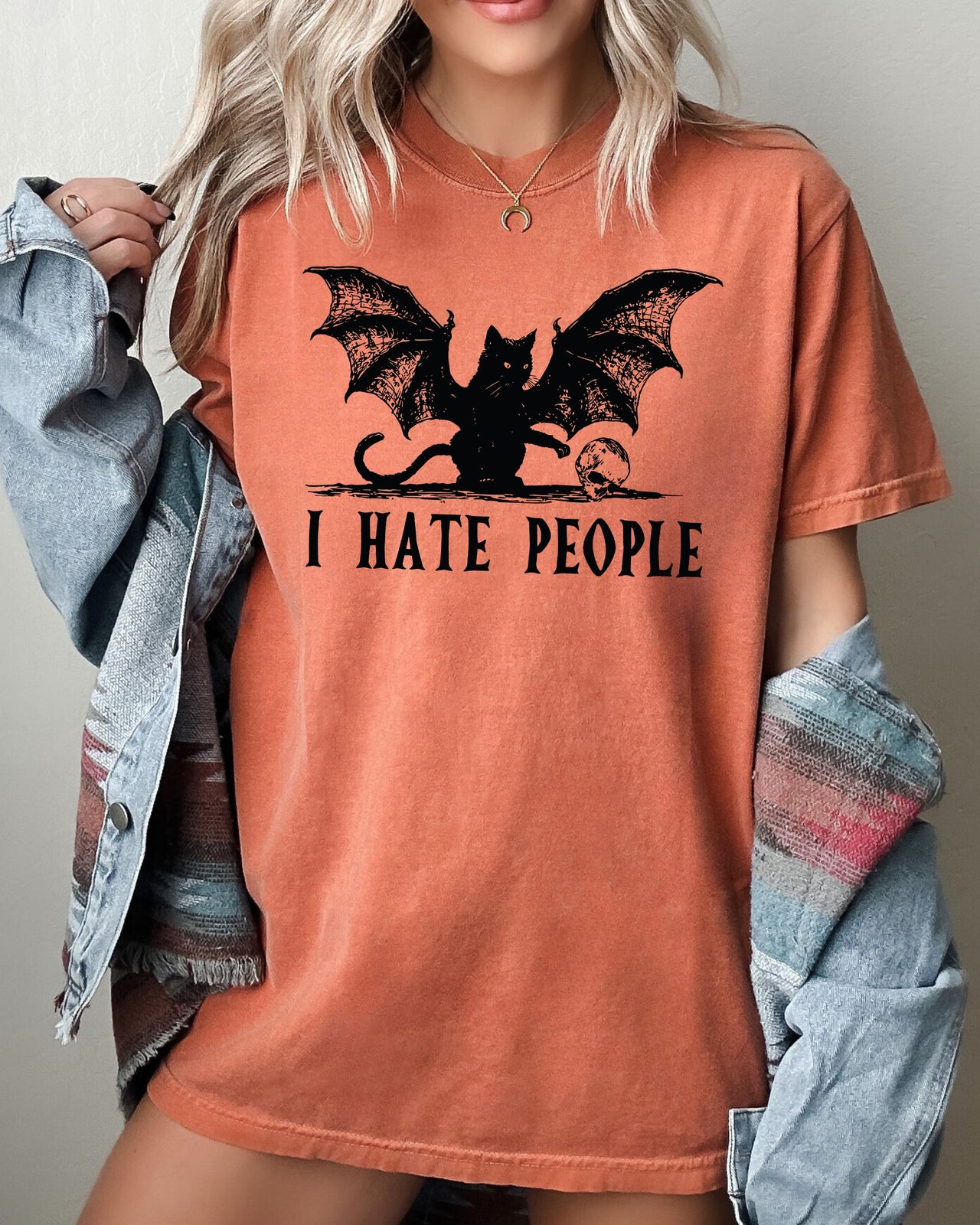 I Hate People Bat Skeleton Ghost Witch Halloween Night Scene Design Comfort Colors Tee