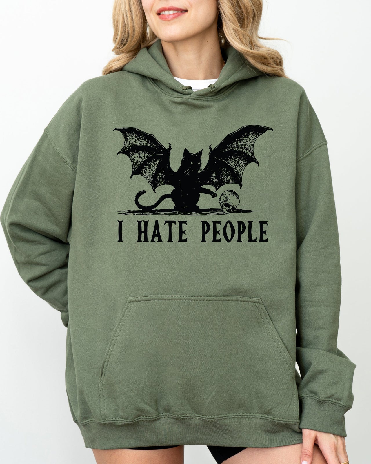 I Hate People Bat Skeleton Ghost Spooky Witch Meme Halloween Design Hooded Sweatshirt