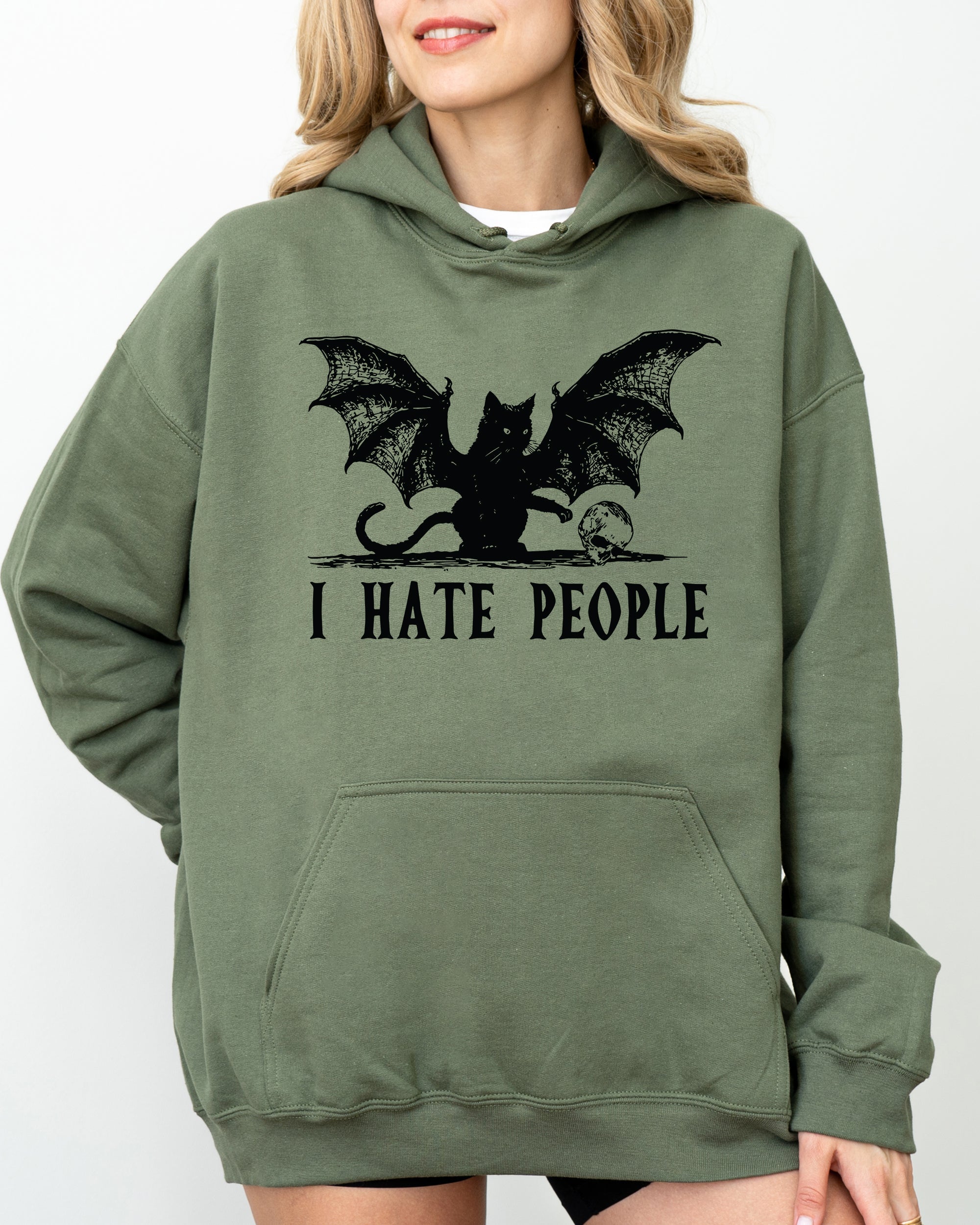 I Hate People Bat Skeleton Ghost Spooky Witch Meme Halloween Design Hooded Sweatshirt