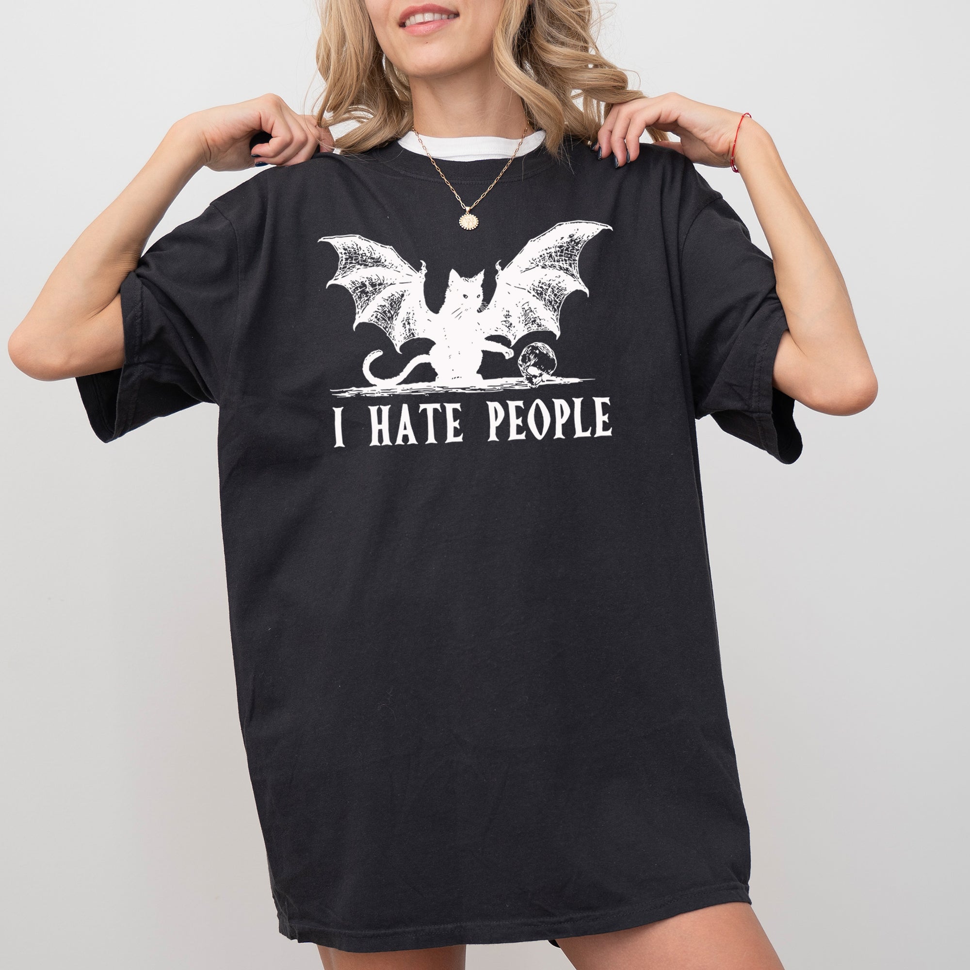 I Hate People Bat Skeleton Ghost Witch Halloween Night Scene Design Comfort Colors Tee