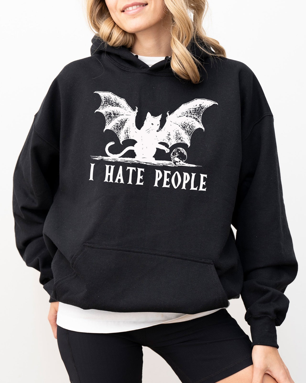 I Hate People Bat Skeleton Ghost Spooky Witch Meme Halloween Design Hooded Sweatshirt