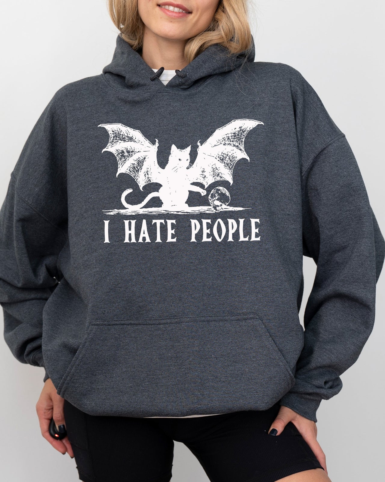 I Hate People Bat Skeleton Ghost Spooky Witch Meme Halloween Design Hooded Sweatshirt