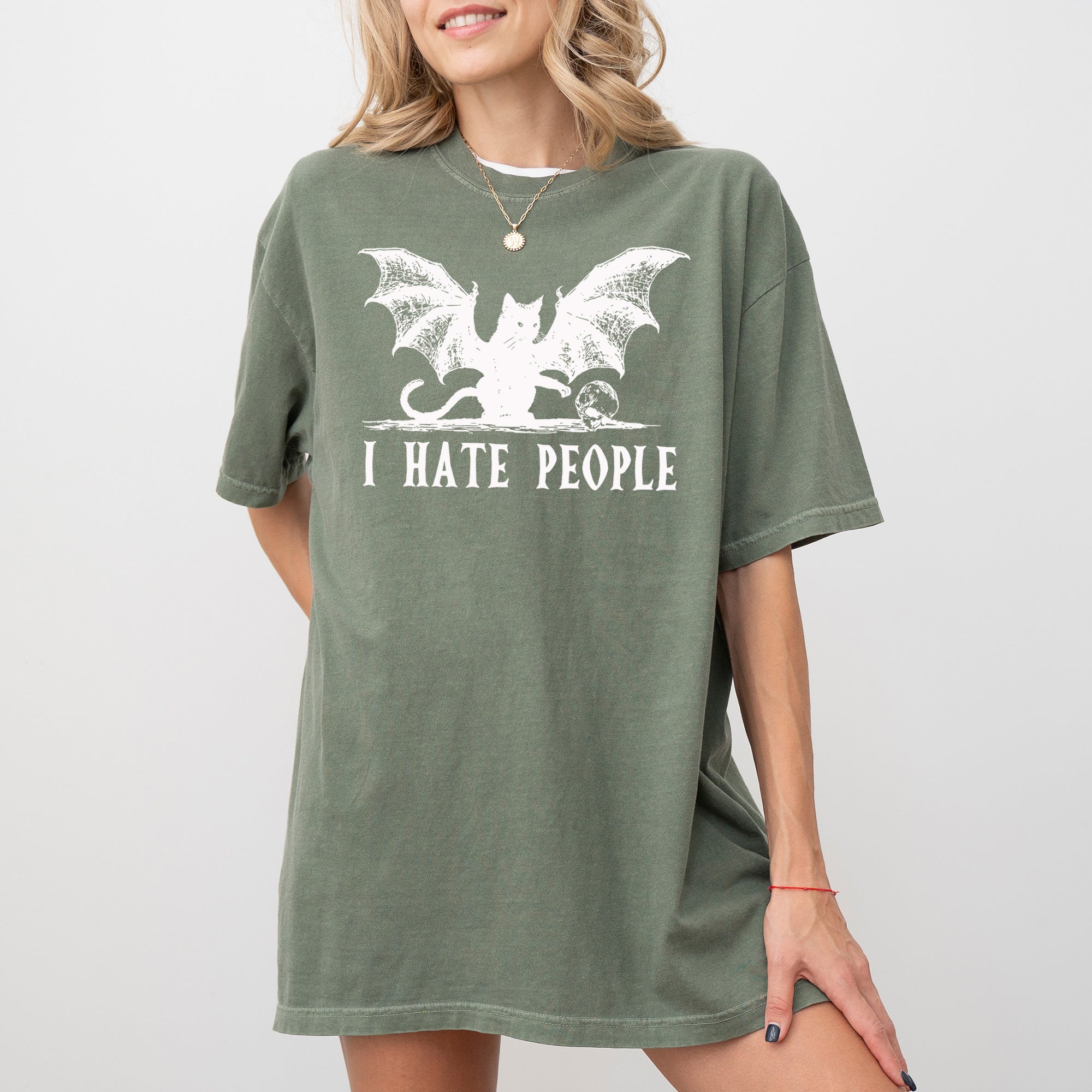 I Hate People Bat Skeleton Ghost Witch Halloween Night Scene Design Comfort Colors Tee