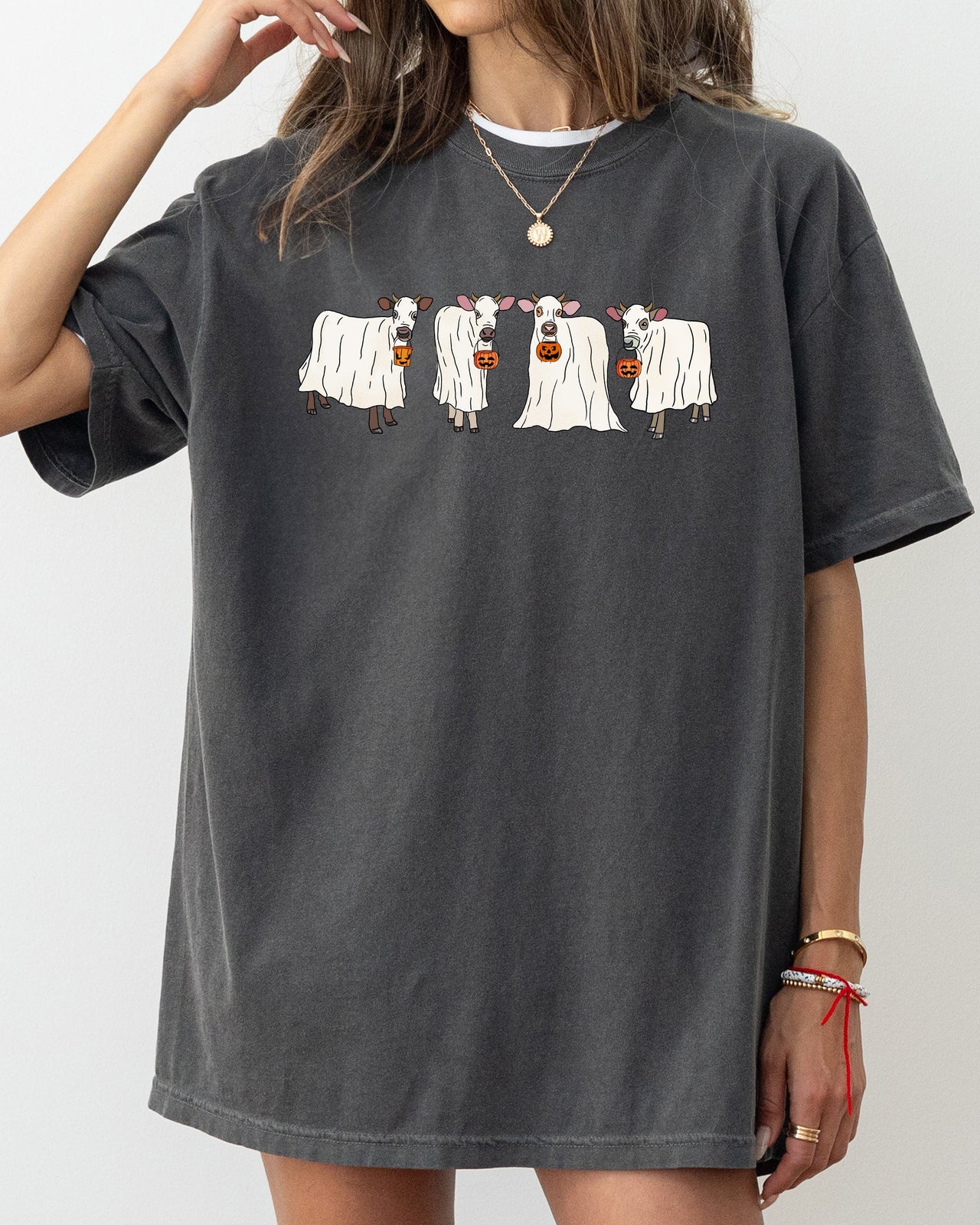 Ghost Cows Farm Skeleton Halloween Witch Meme Creepy Graphic Costume Comfort Colors Tee