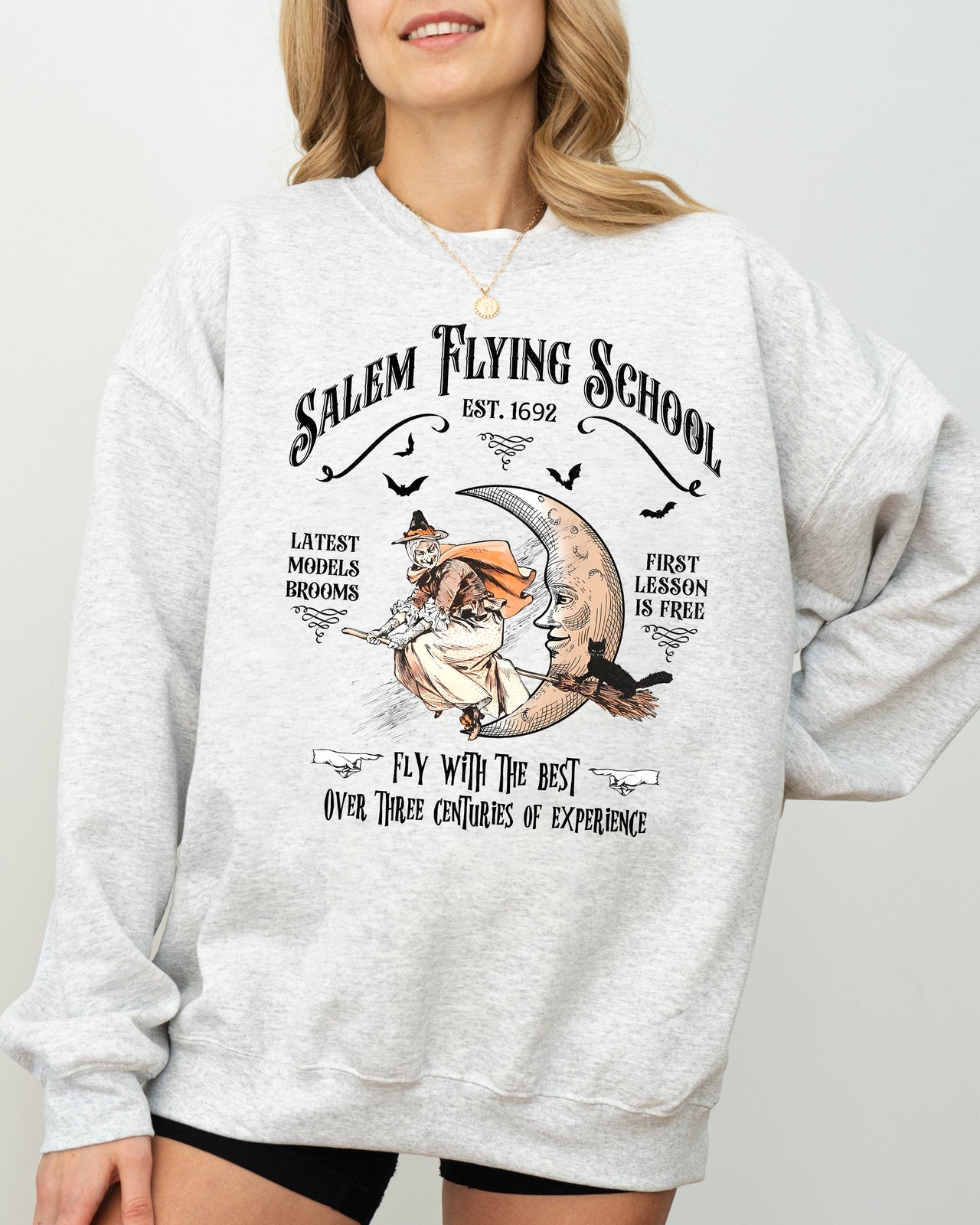 Salem Flying School Skeleton Funny Spooky Witch Aesthetic Meme Halloween Costume Sweatshirt