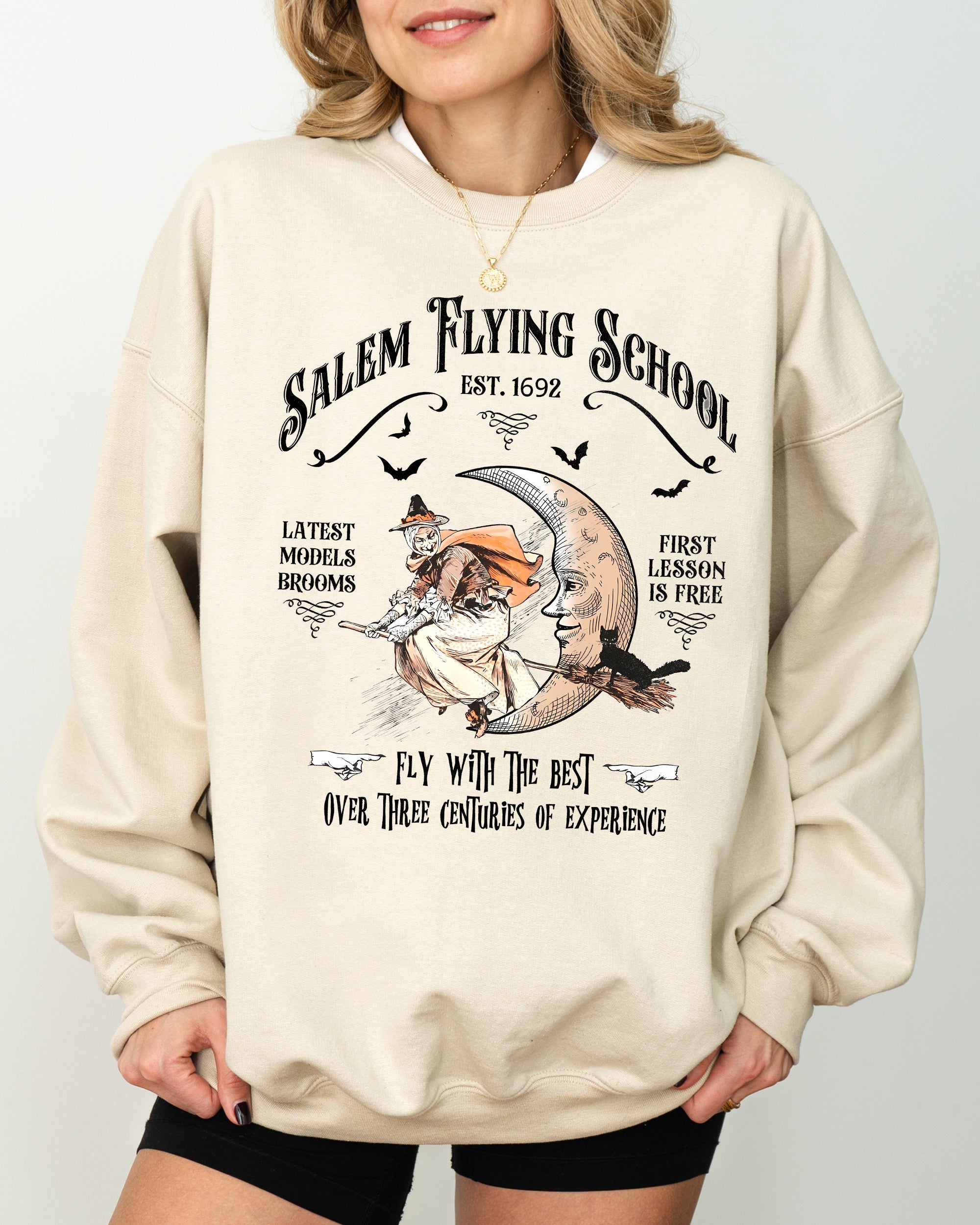 Salem Flying School Skeleton Funny Spooky Witch Aesthetic Meme Halloween Costume Sweatshirt