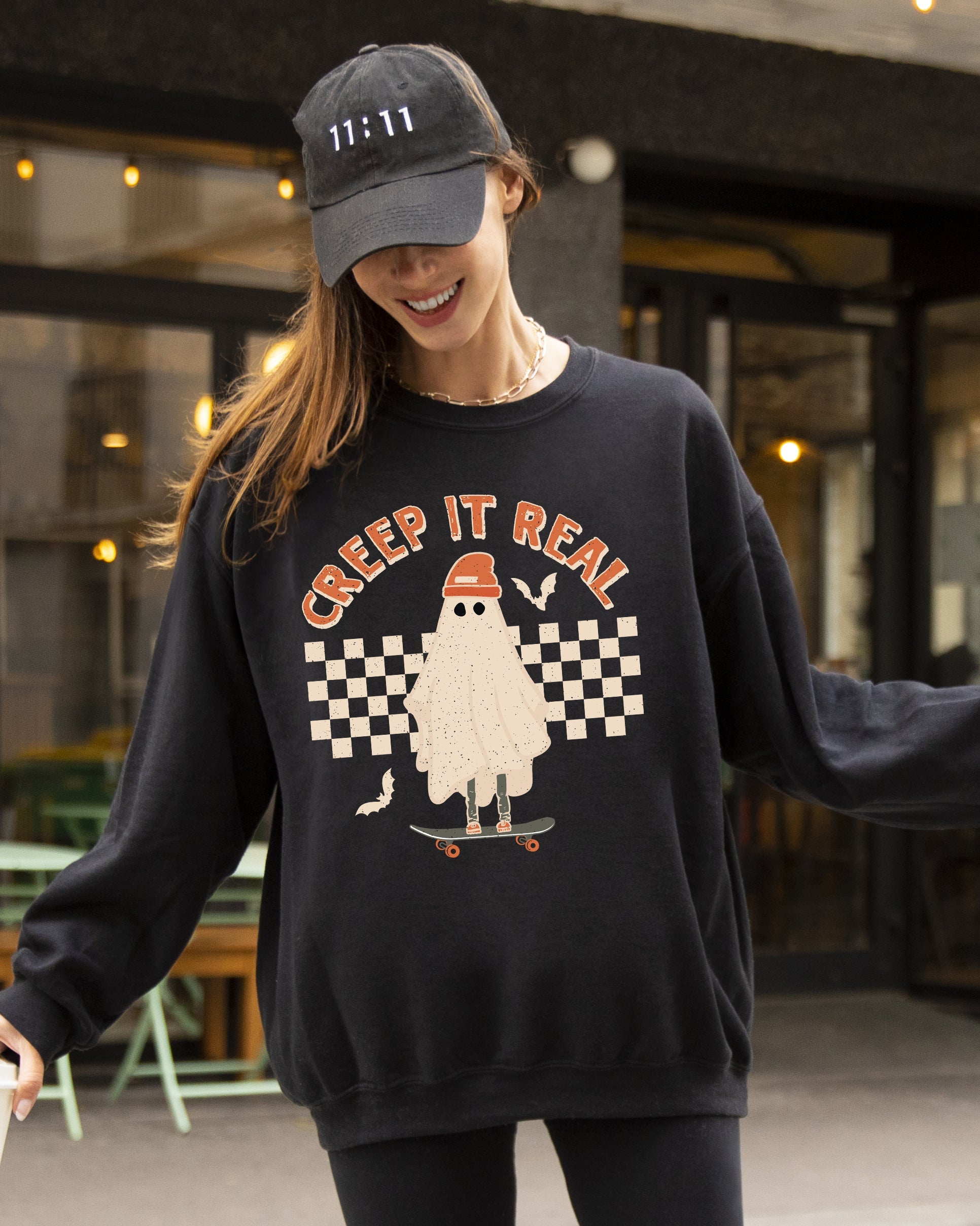Creep It Real Retro Ghost Skeleton Witch Halloween Meme Nostalgic Spooky Vibe Sweatshirt