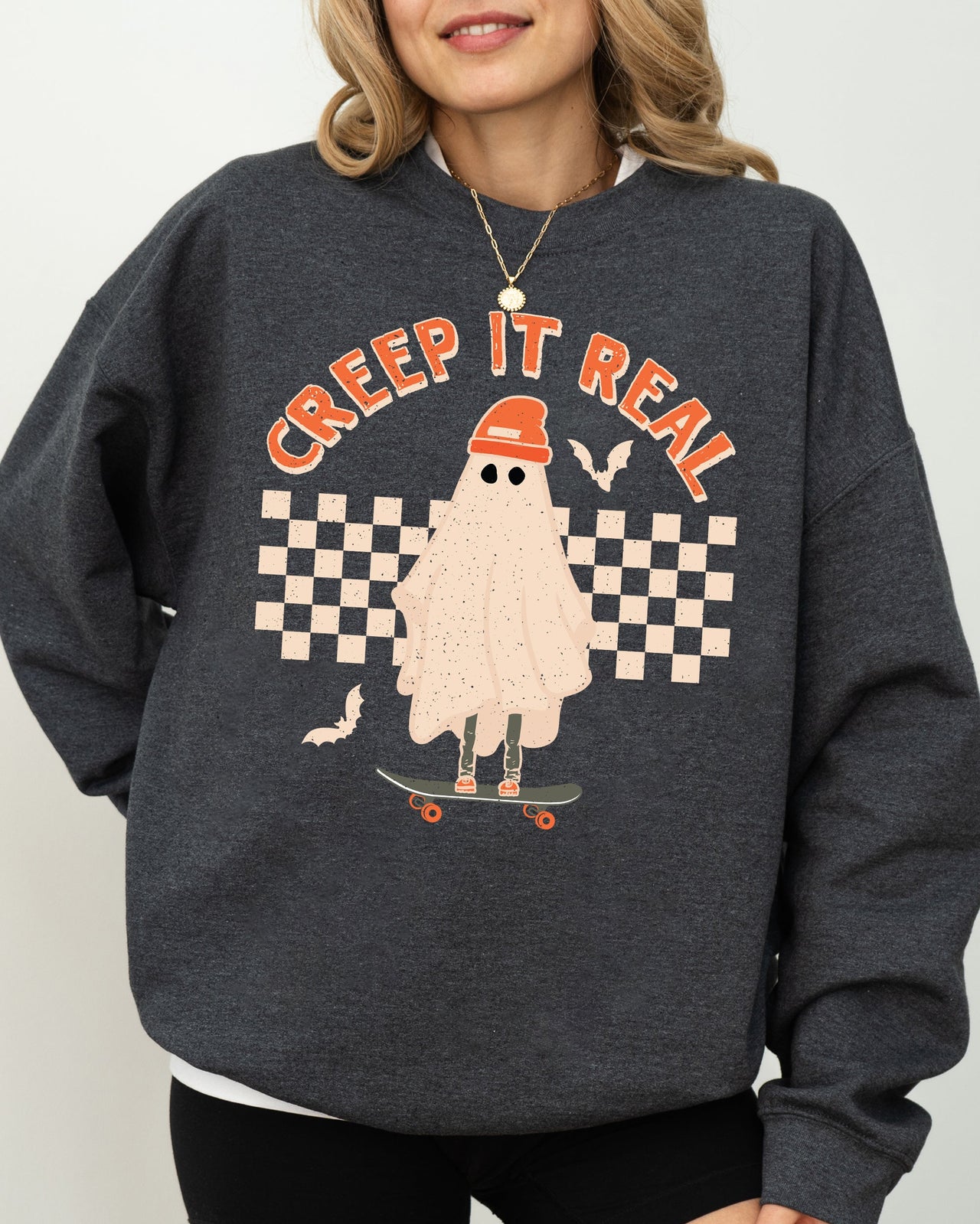 Creep It Real Retro Ghost Skeleton Witch Halloween Meme Nostalgic Spooky Vibe Sweatshirt
