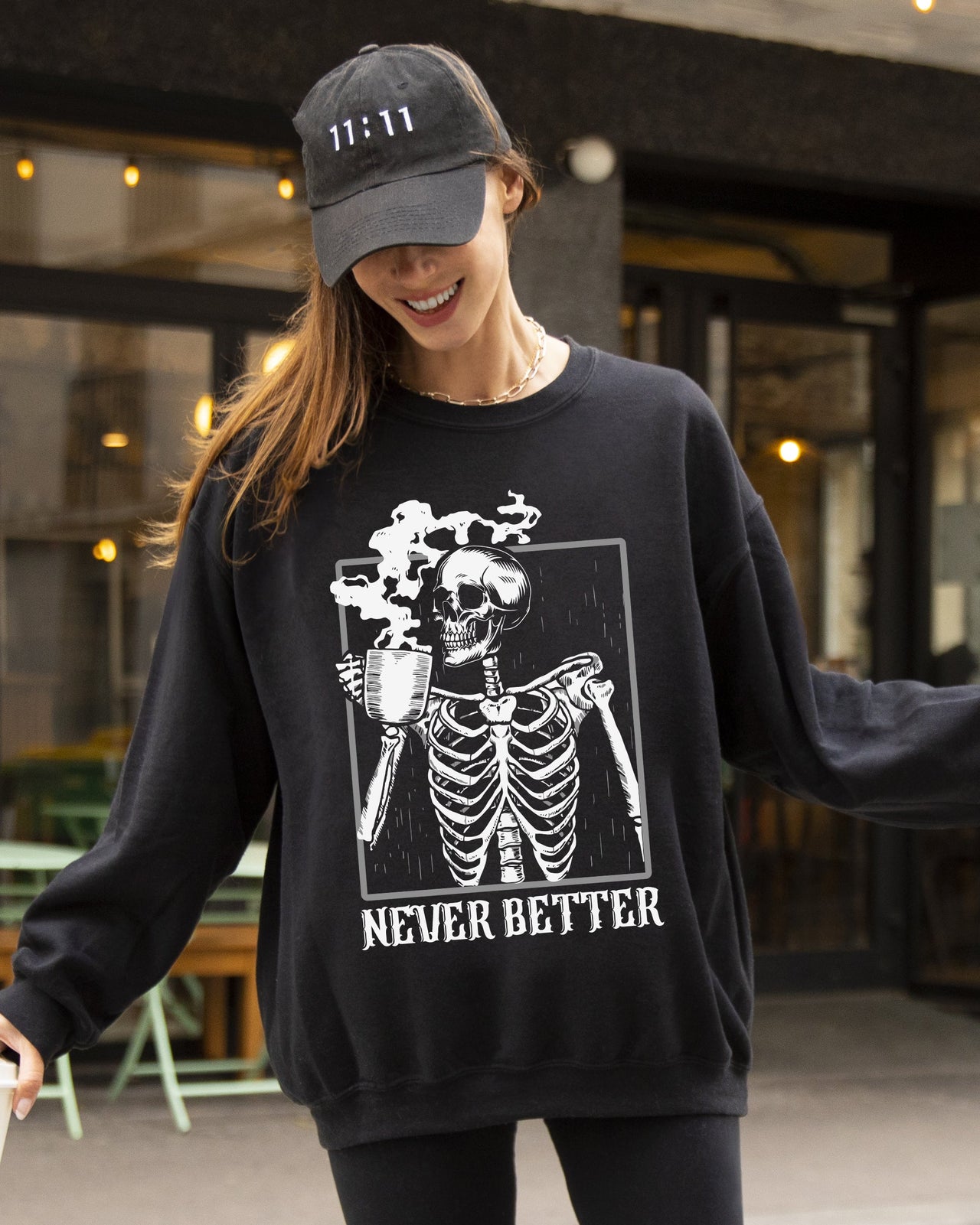 Never Better Skeleton Coffee Witch Skull Meme Halloween Costume Spooky Aesthetic Sweatshirt