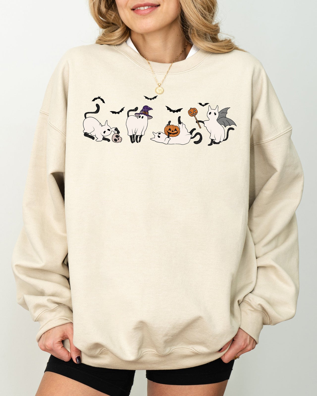 Mini Ghost Cats Farm Witch Skull Halloween Spooky Seasonal Favorite For Halloween Lovers Graphic Sweatshirt