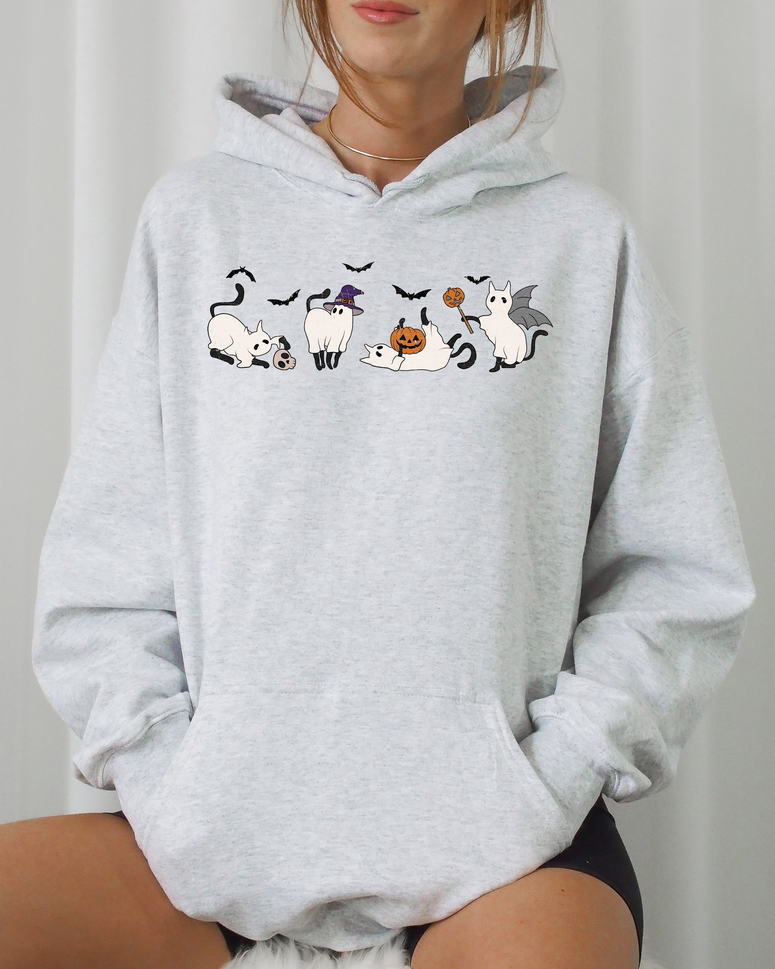 Mini Ghost Cats Across Farm Witch Skull Spooky Halloween Costume Design For Cozy Nighttime Display Hoodie
