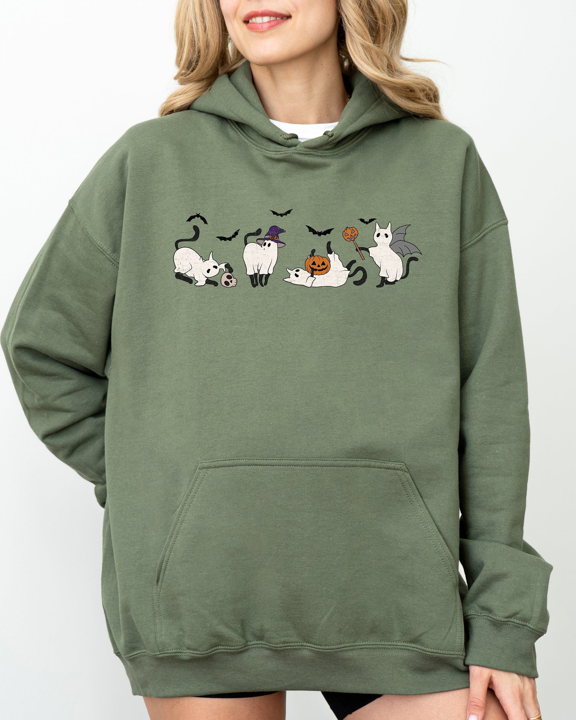 Mini Ghost Cats Across Farm Witch Skull Spooky Halloween Costume Design For Cozy Nighttime Display Hoodie