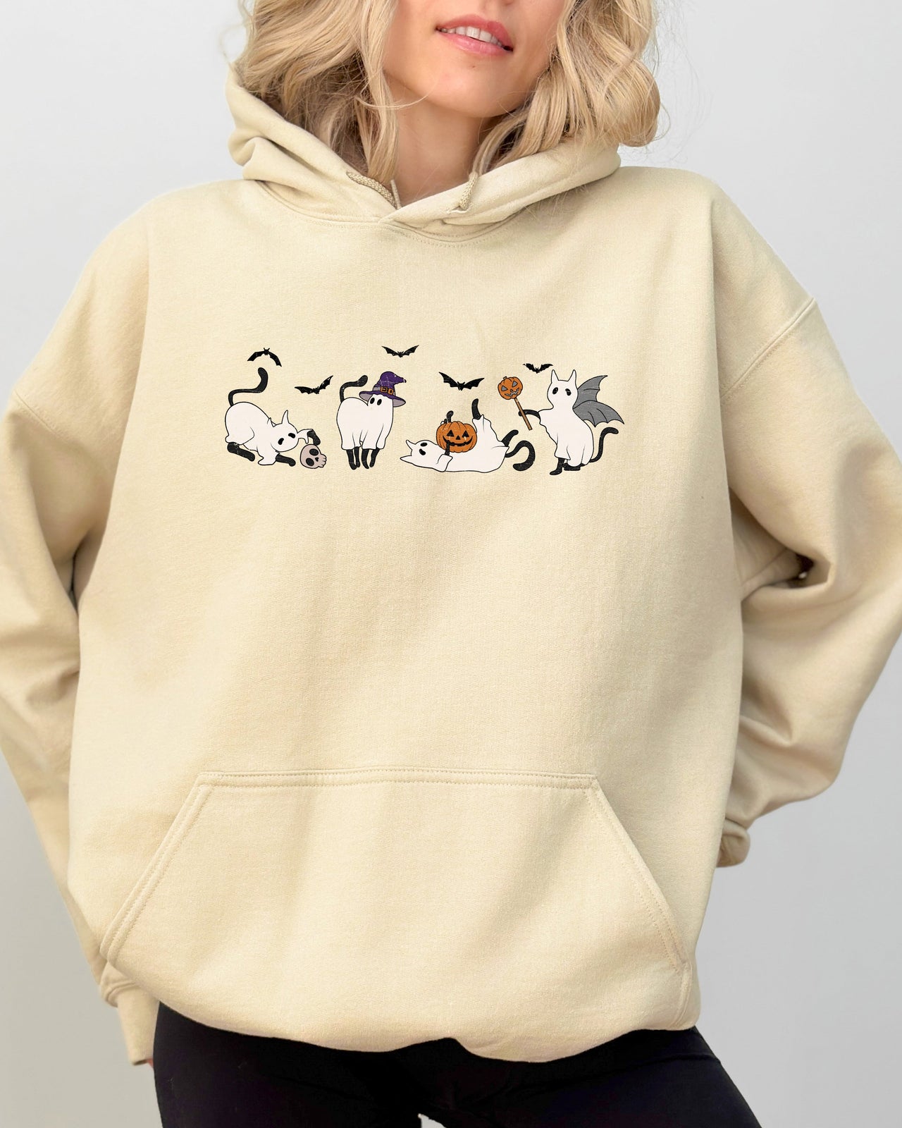 Mini Ghost Cats Across Farm Witch Skull Spooky Halloween Costume Design For Cozy Nighttime Display Hoodie