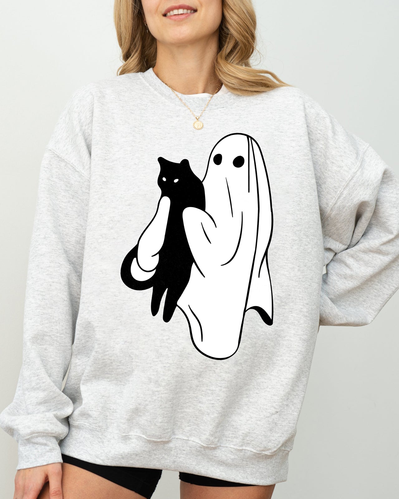 Ghost And Cat Skeleton Witch Skull Spooky Halloween Costume Graphic Design Sweatshirt