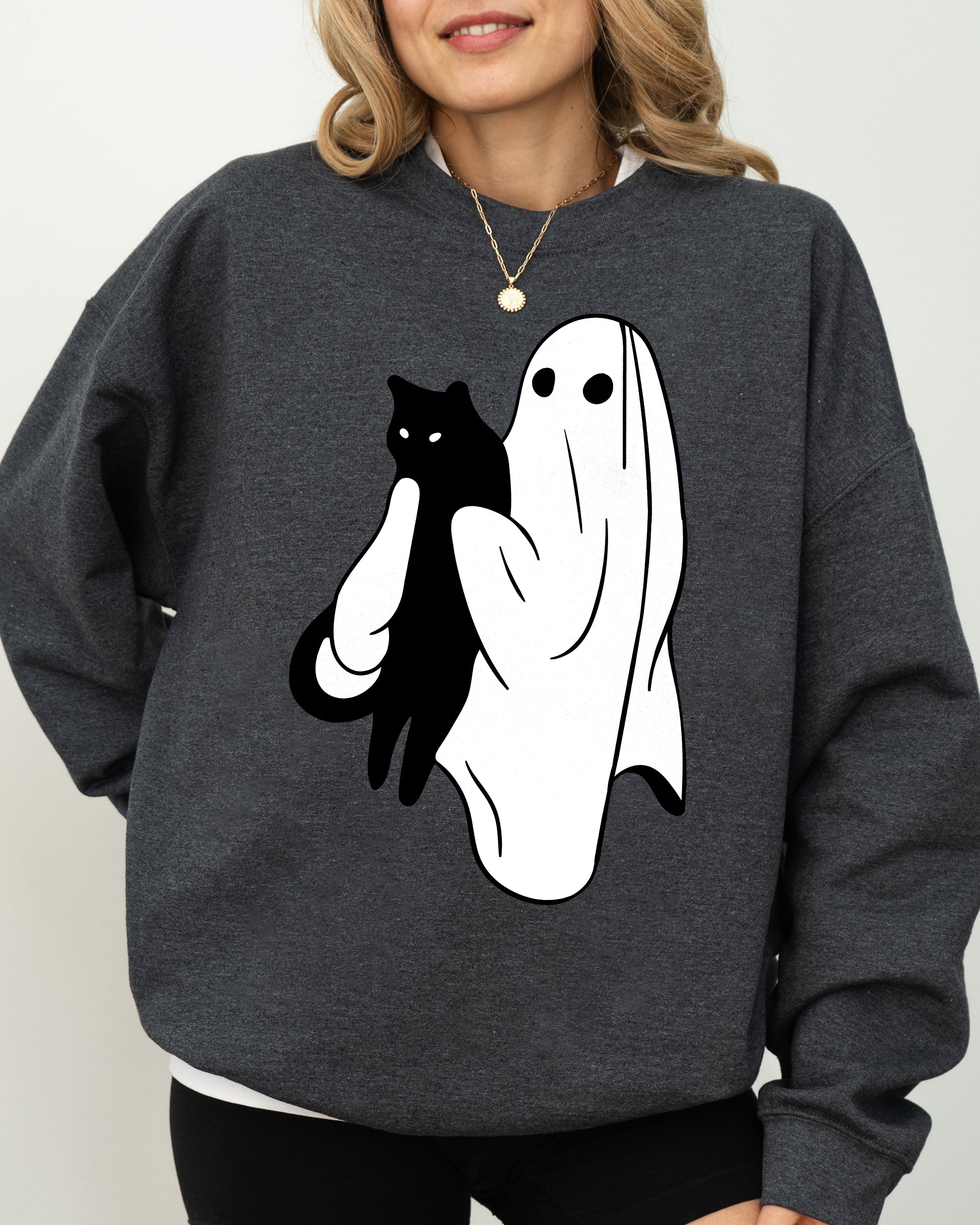 Ghost And Cat Skeleton Witch Skull Spooky Halloween Costume Graphic Design Sweatshirt