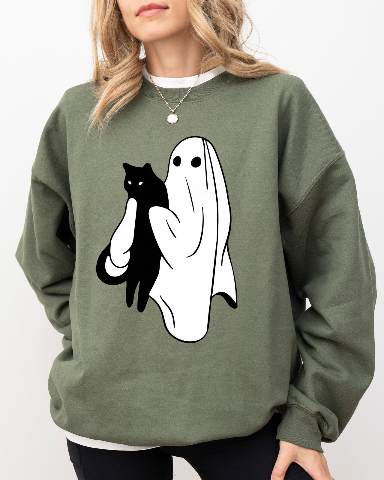Ghost And Cat Skeleton Witch Skull Spooky Halloween Costume Graphic Design Sweatshirt