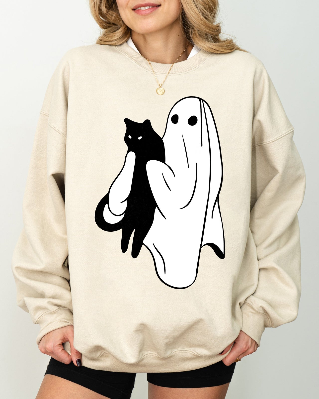 Ghost And Cat Skeleton Witch Skull Spooky Halloween Costume Graphic Design Sweatshirt