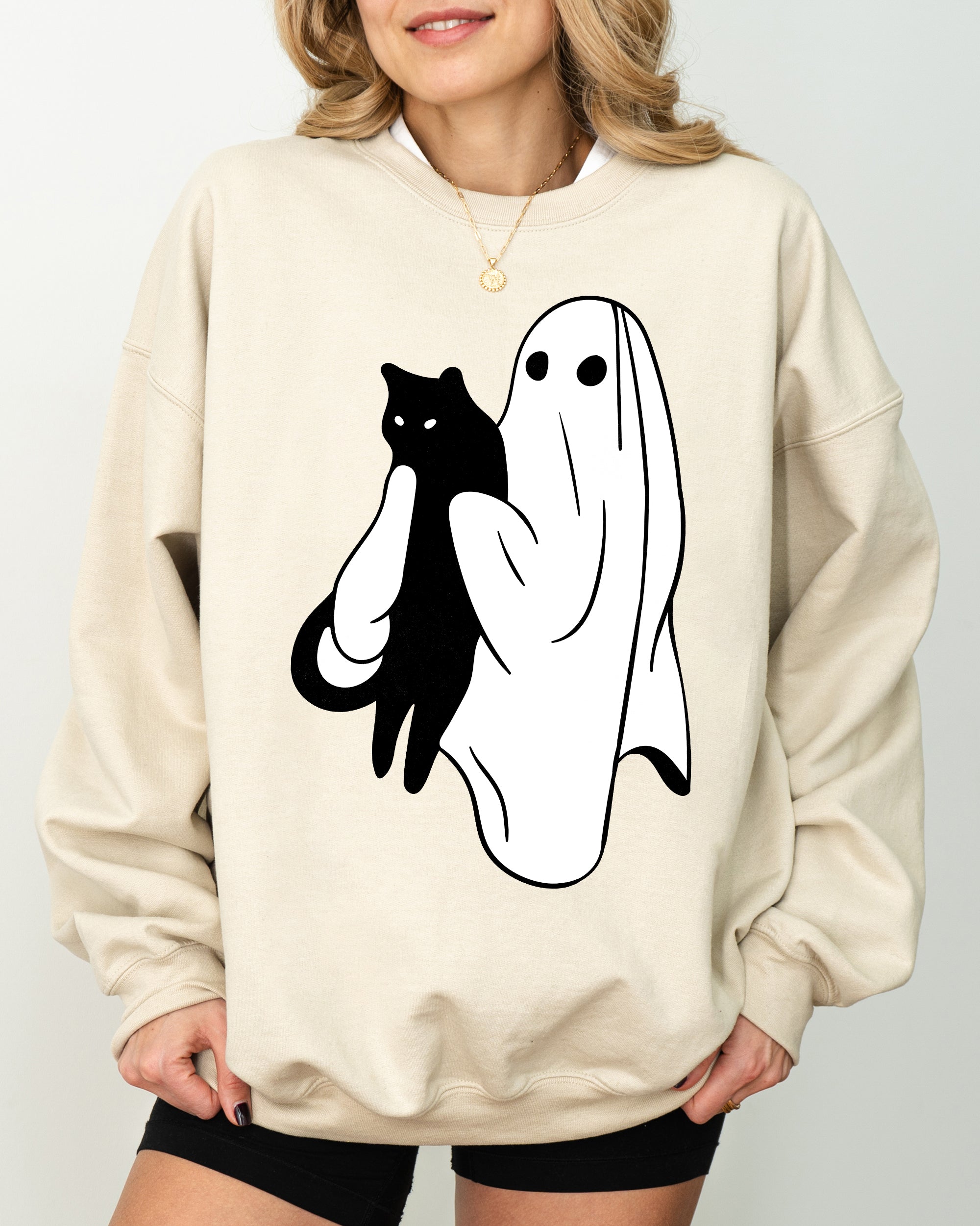 Ghost And Cat Skeleton Witch Skull Spooky Halloween Costume Graphic Design Sweatshirt
