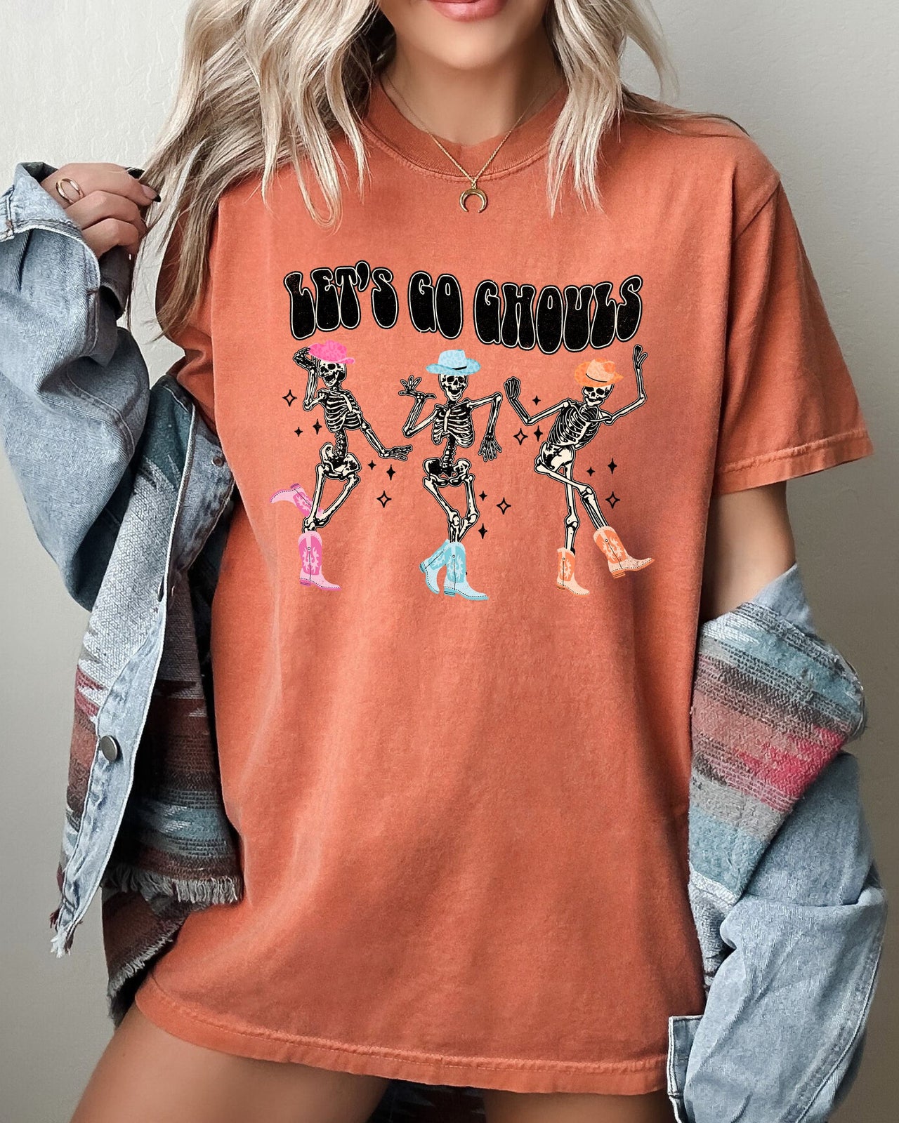 Let's Go Ghouls Ghost Western Skeleton Witch Skull Funny Spooky Halloween Costume Meme Comfort Colors Tee