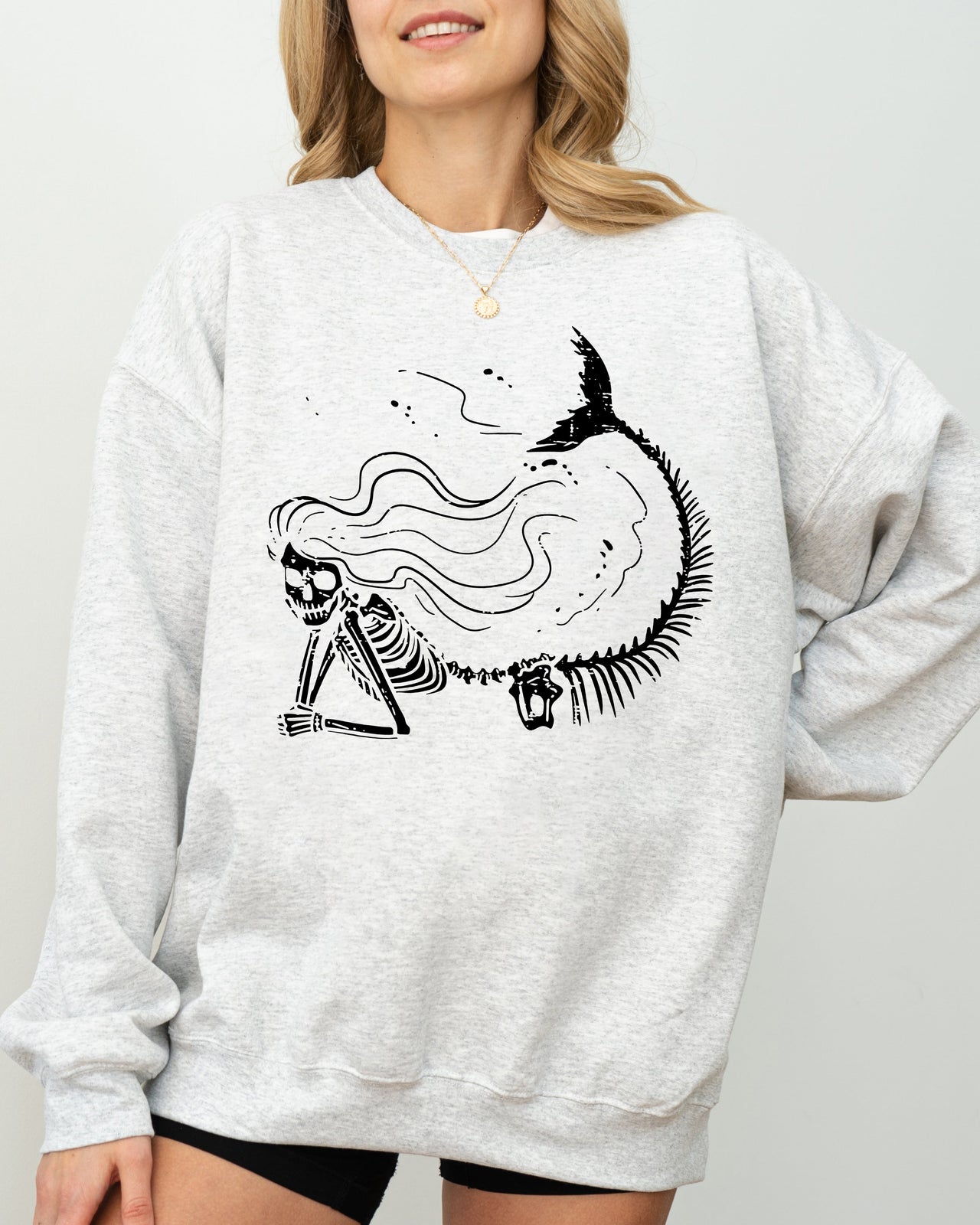 Mermaid Skeleton Ghost Witch Skull Meme Spooky Halloween Costume Illustration Sweatshirt