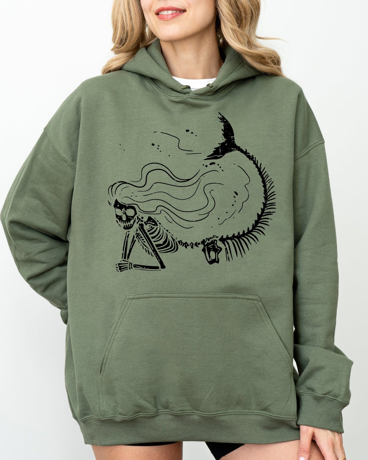 Mermaid Skeleton Ghost Witch Skull Halloween Costume Spooky Gothic Mystic Haunt Edition Hooded Sweatshirt