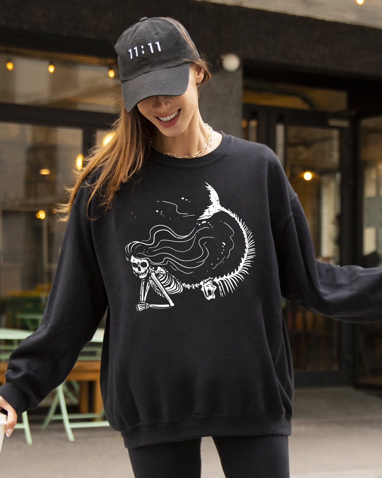 Mermaid Skeleton Ghost Witch Skull Meme Spooky Halloween Costume Illustration Sweatshirt