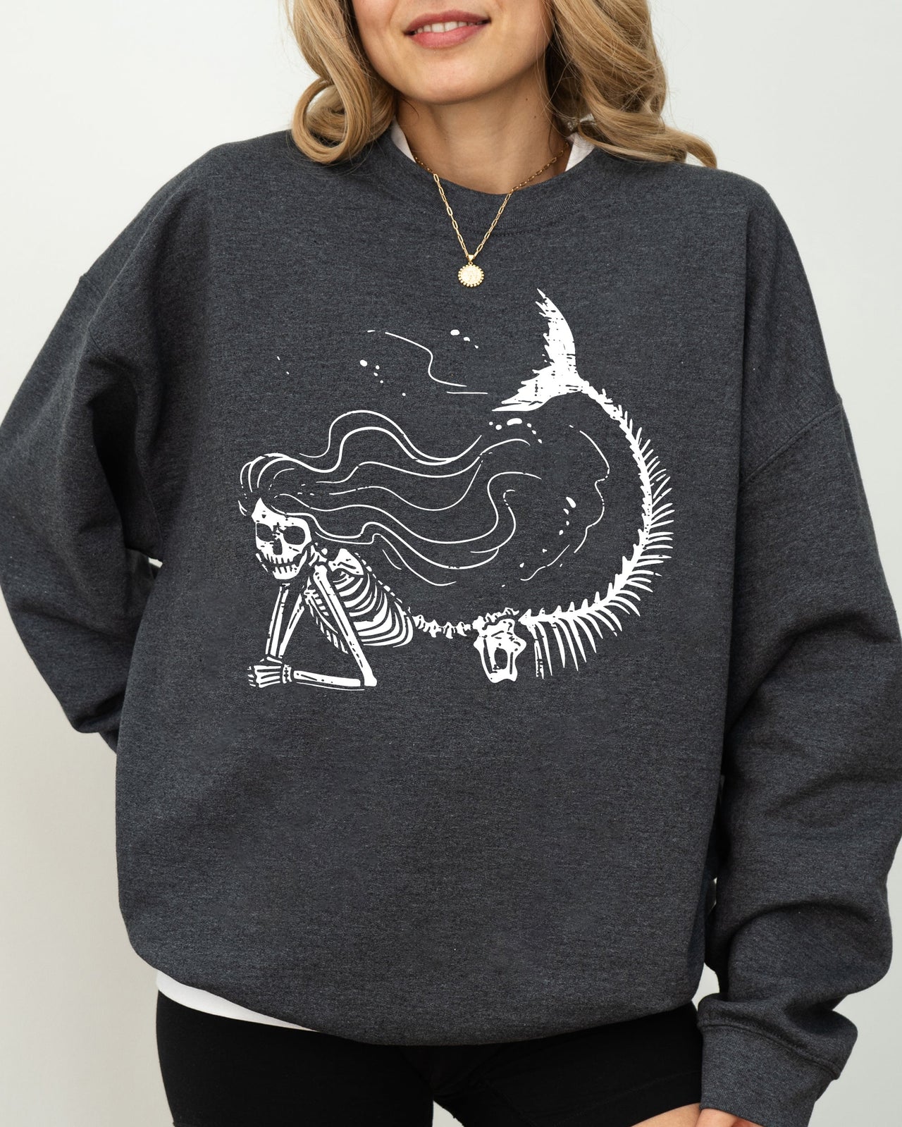 Mermaid Skeleton Ghost Witch Skull Meme Spooky Halloween Costume Illustration Sweatshirt