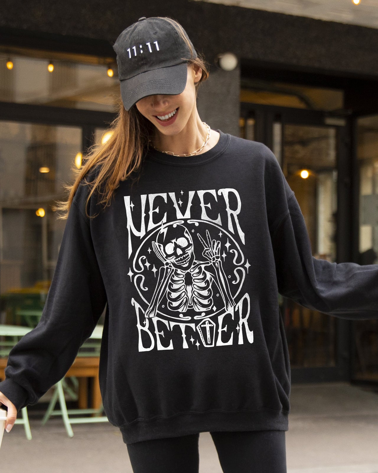 Never Better Skeleton Peace Ghost Witch Skull Spooky Halloween Meme Costume Sweatshirt