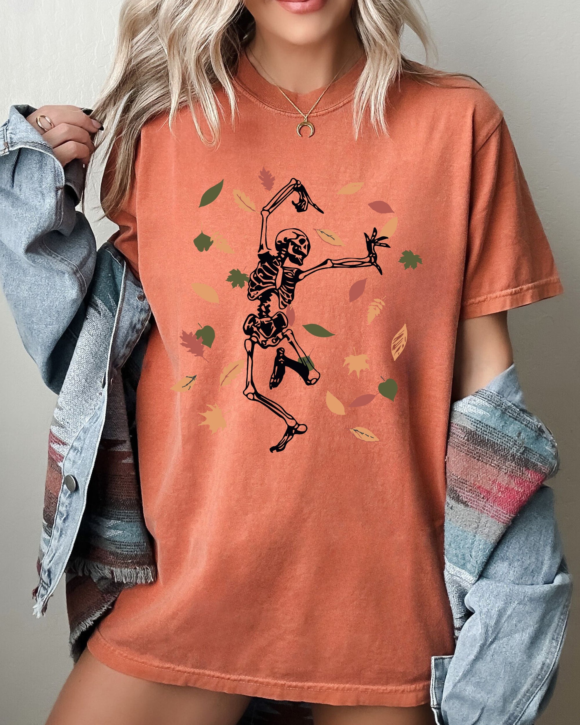 Fall Leaves Skeleton Ghost Witch Skull Spooky Halloween Costume Comfort Colors Tee