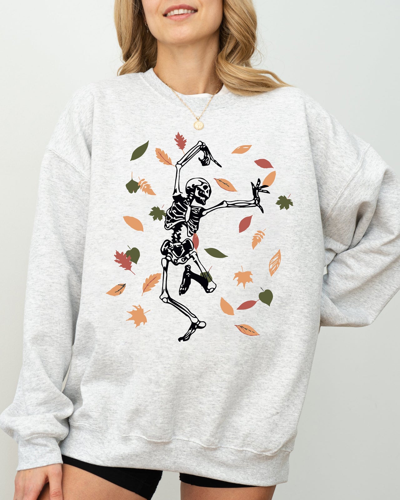 Fall Leaves Skeleton Ghost Witch Skull Meme Spooky Halloween Costume Graphic Sweatshirt